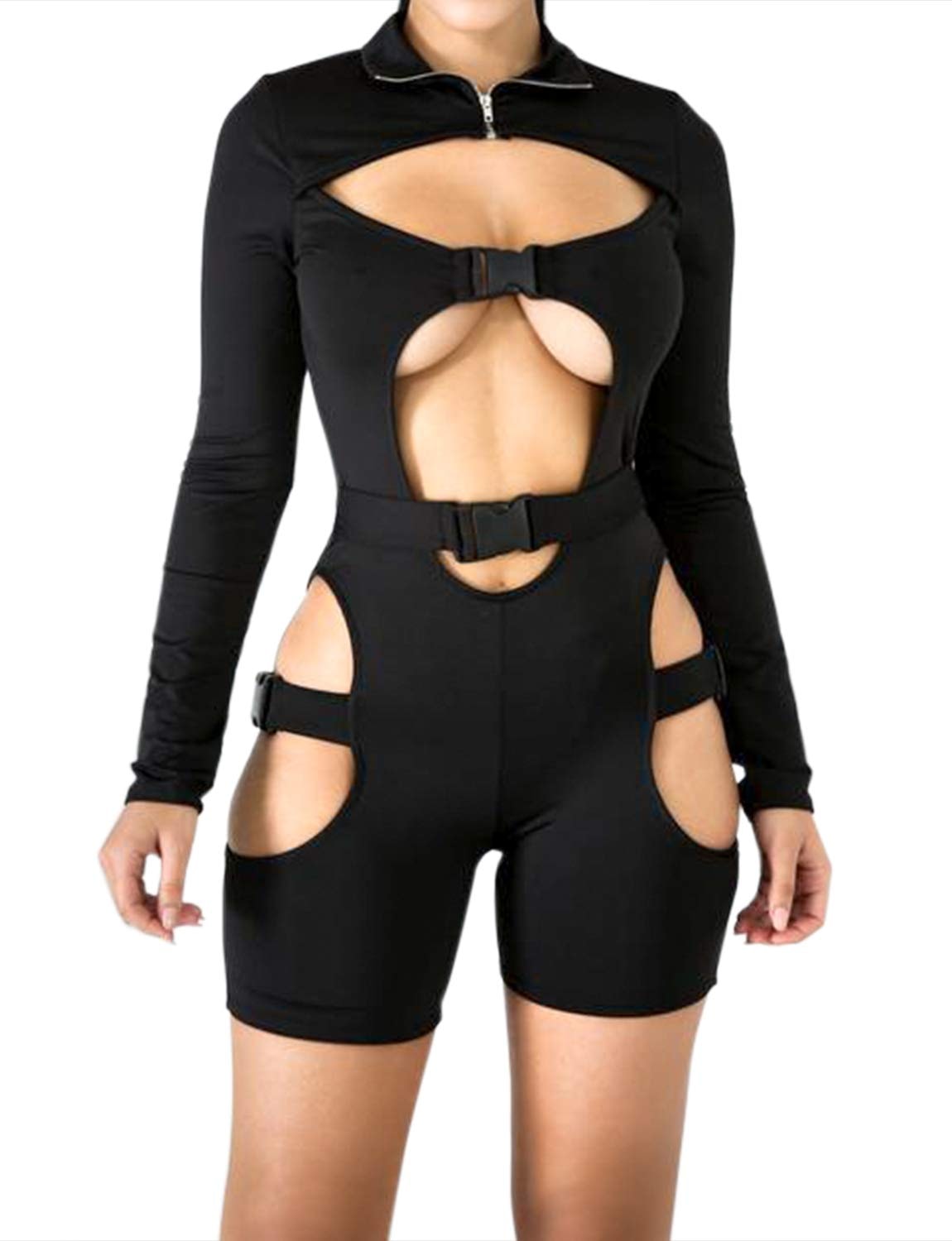 VWIWV Women Long Sleeves Jumpsuit Bodycon Buckle Romper Sexy Hollowing Out Bodysuit Short Jumpsuit Pants: Small Black