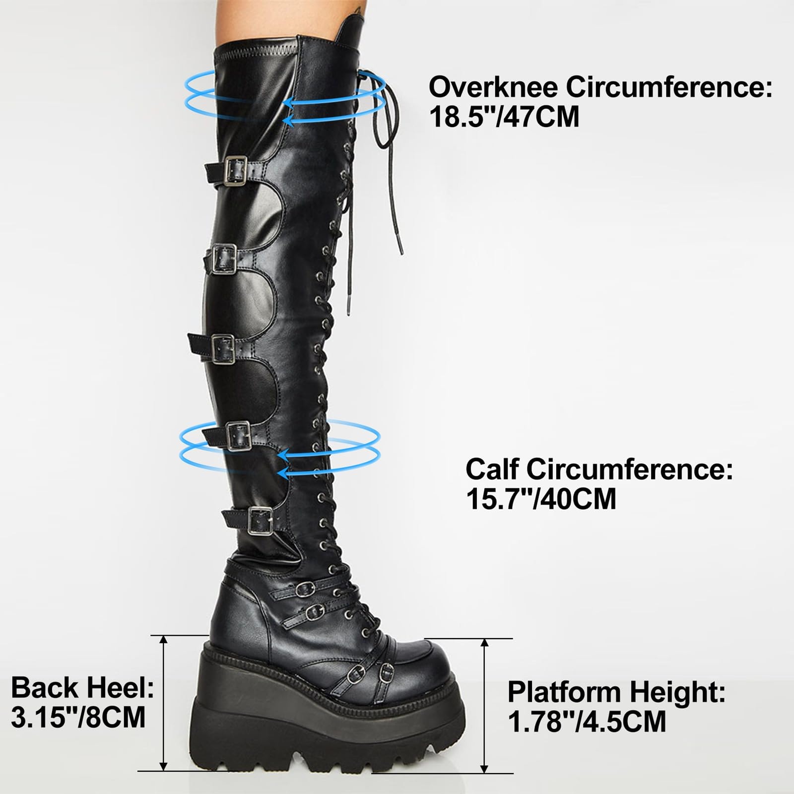 Gothniero Black Platform Boots Over Knee Thigh High Goth Boots for Women Chunky Heel Rave Motorcycle Boots with Buckles Side Zip Lace Boots Size5.5-10 - Image 4