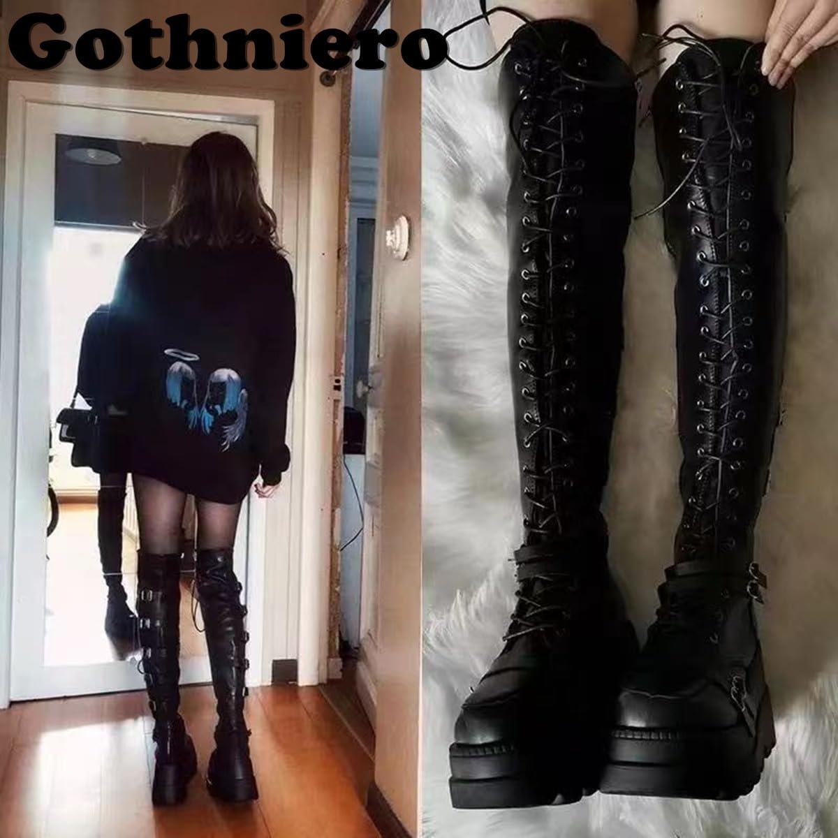 Gothniero Black Platform Boots Over Knee Thigh High Goth Boots for Women Chunky Heel Rave Motorcycle Boots with Buckles Side Zip Lace Boots Size5.5-10 - Image 3