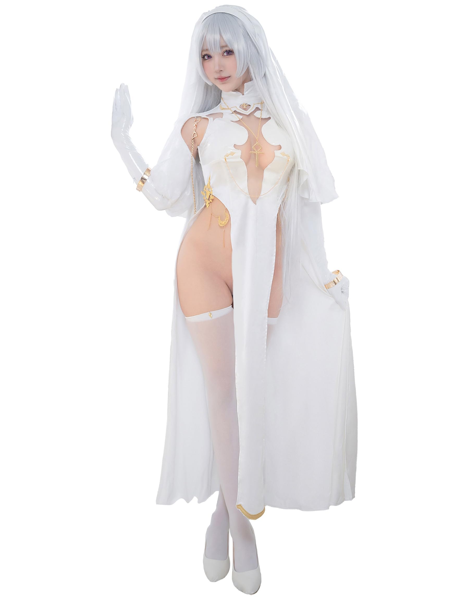 Women Nun Cosplay Lingerie Costume Halloween High Slit Dress Set with Veil Necklace Socks: Small White