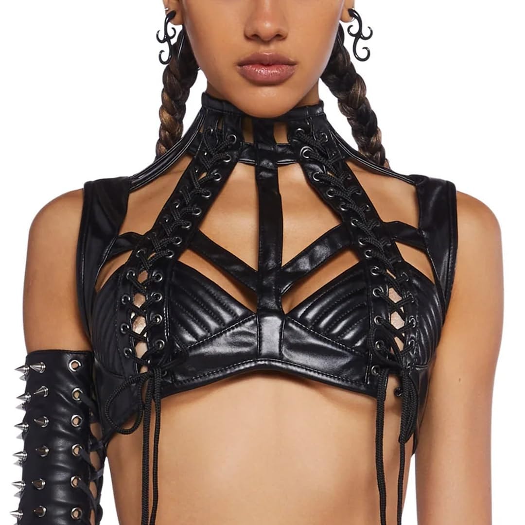 Dolls Kill Rude Awakening Harness Bra Top by Club Exx - Vegan Leather, Lace-Up, Cropped Fit for Festivals and Raves: Small Black