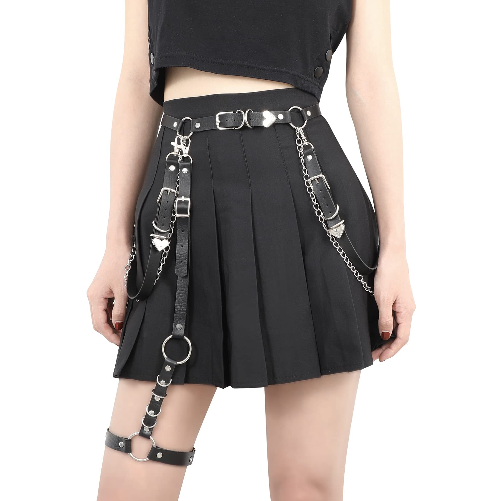 WERFORU Women Punk PU Leather Belt with Chain Ladies Gothic Rock Waist Belt with Leg Garters: A-black-with Leg Garter 01-Fit waist 29"-40"&leg girth below 24"