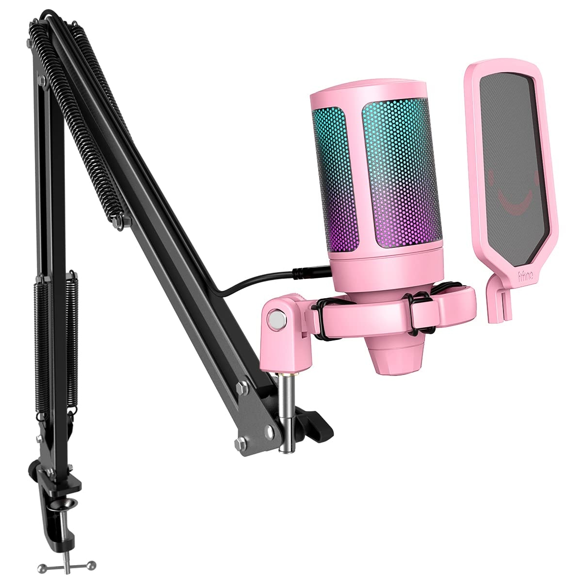 FIFINE Gaming PC USB Microphone, Podcast Condenser Mic with Boom Arm, Pop Filter, Mute Button for Streaming, Twitch, Online Chat, RGB Computer Mic for PC Gamer Youtuber-AmpliGame A6T: Pink