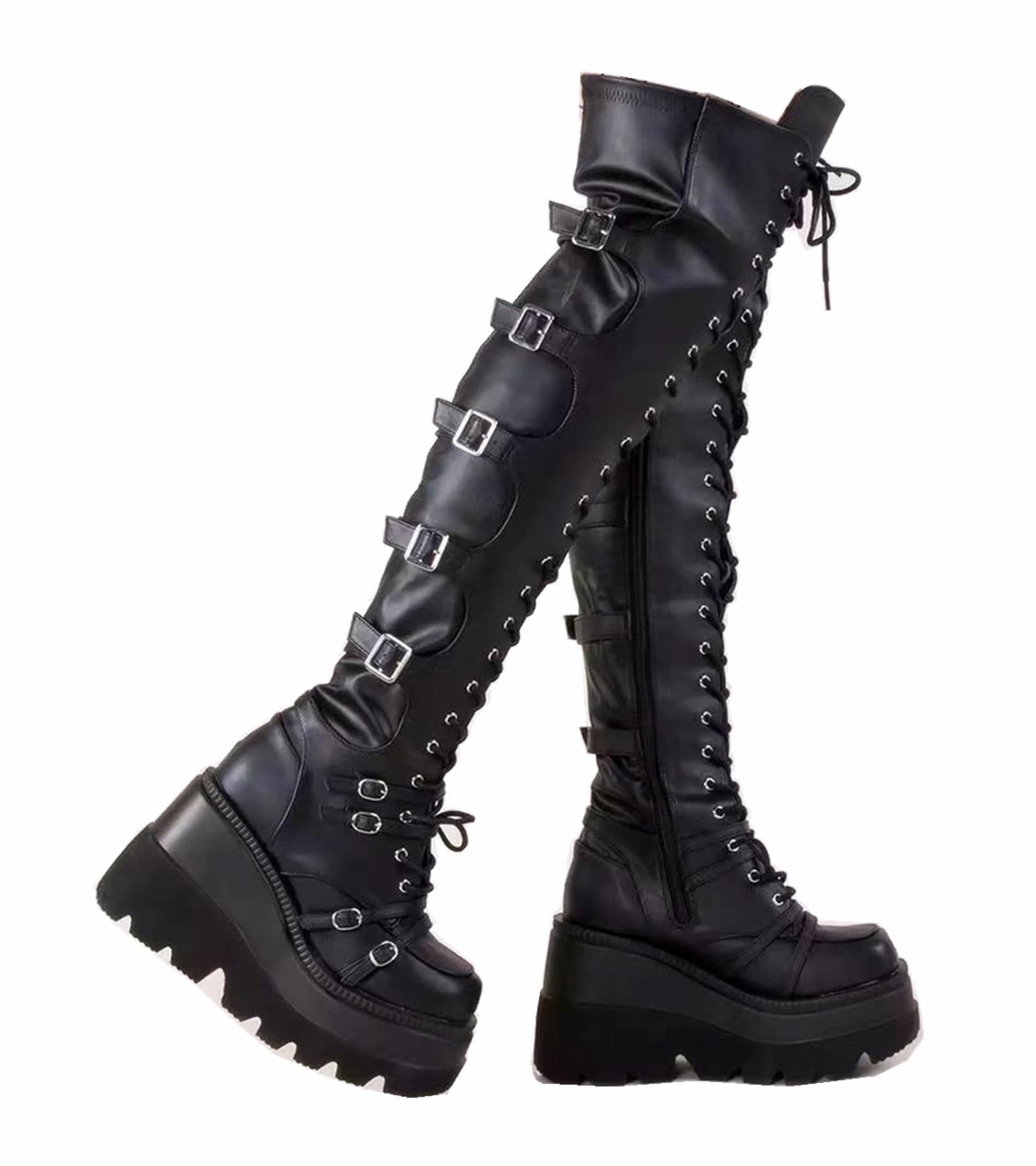 Gothniero Black Platform Boots Over Knee Thigh High Goth Boots for Women Chunky Heel Rave Motorcycle Boots with Buckles Side Zip Lace Boots Size5.5-10 - Image 1