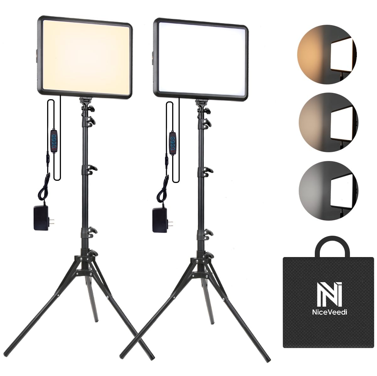 2-Pack Photography Lighting Kit, NiceVeedi 22W LED Video Light Kit, 2900-7000K Dimmable Studio Light with Tripod Stand, 73" Stream Light for Video Recording: 22W-2 Pack(AC Adapters)