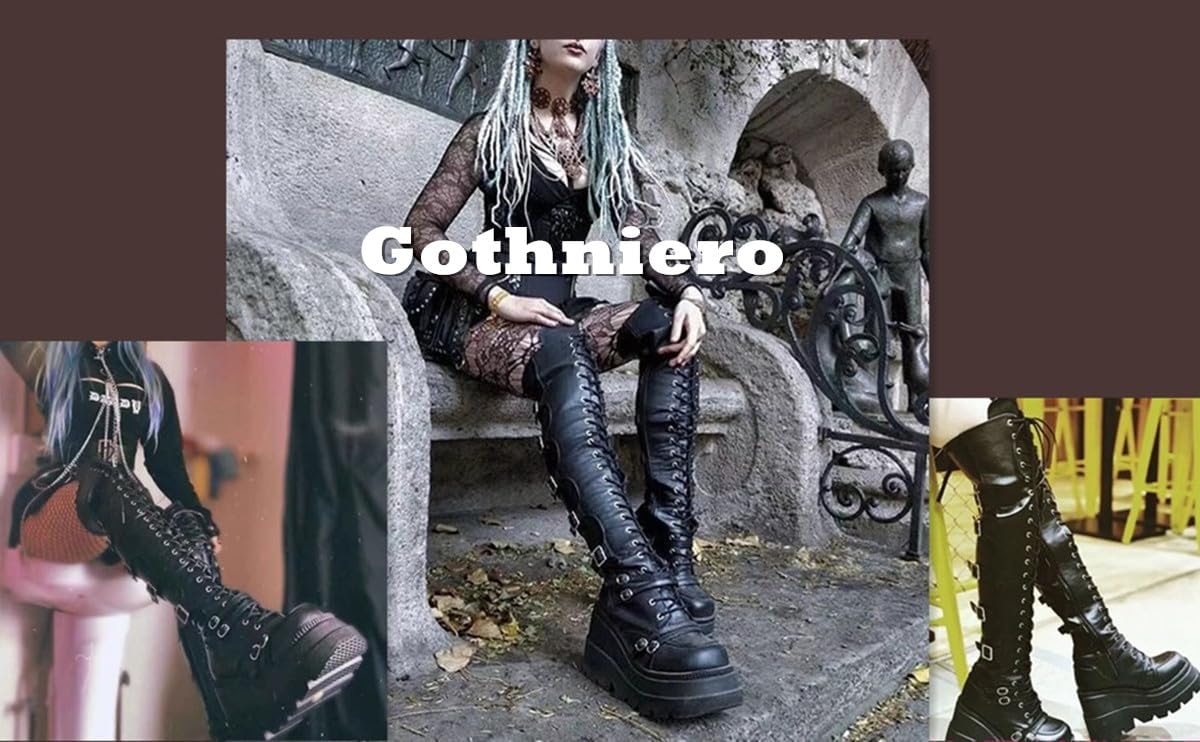 Gothniero Black Platform Boots Over Knee Thigh High Goth Boots for Women Chunky Heel Rave Motorcycle Boots with Buckles Side Zip Lace Boots Size5.5-10 - Image 7