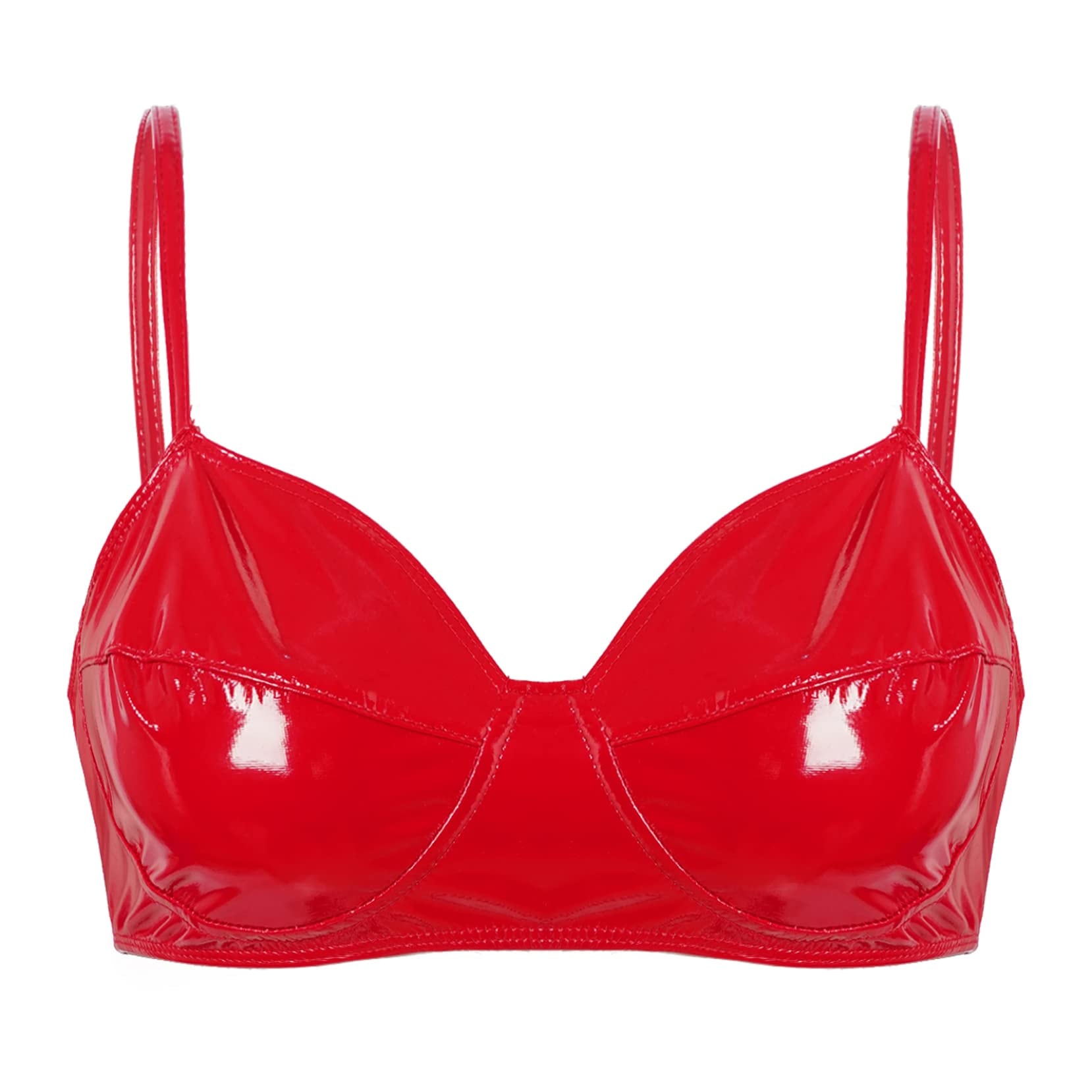 Yartina Women's Patent Leather Wet Look Bra Top Wireless Bralette Crop Top Lingerie Party Clubwear: Small Red