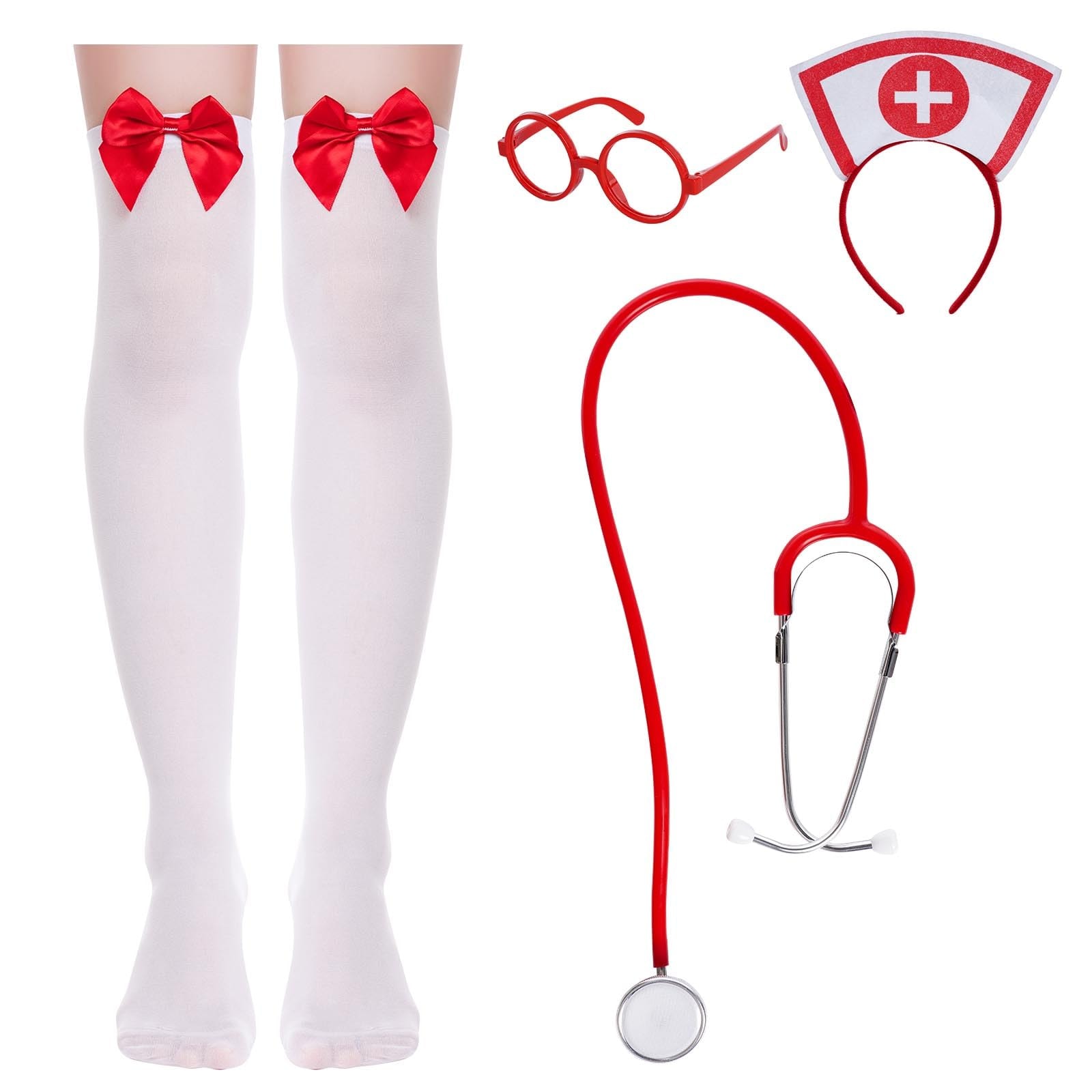 Nurse Costume Halloween Women Nurse Costume Accessories Red Nurse Hat Headband Costume Nurse Cosplay Outfit Set Includes Nurse Headband Glasses Stethoscope High Sock for Halloween Nurse Cosplay Party: Nurse Costume Halloween Women Nurse Costume Accessories Red Nurse Hat Headband Costume Nurse Cosplay Outfit Set Includes Nurse Headband Glasses Stethoscope High Sock for Halloween Nurse Cosplay Party