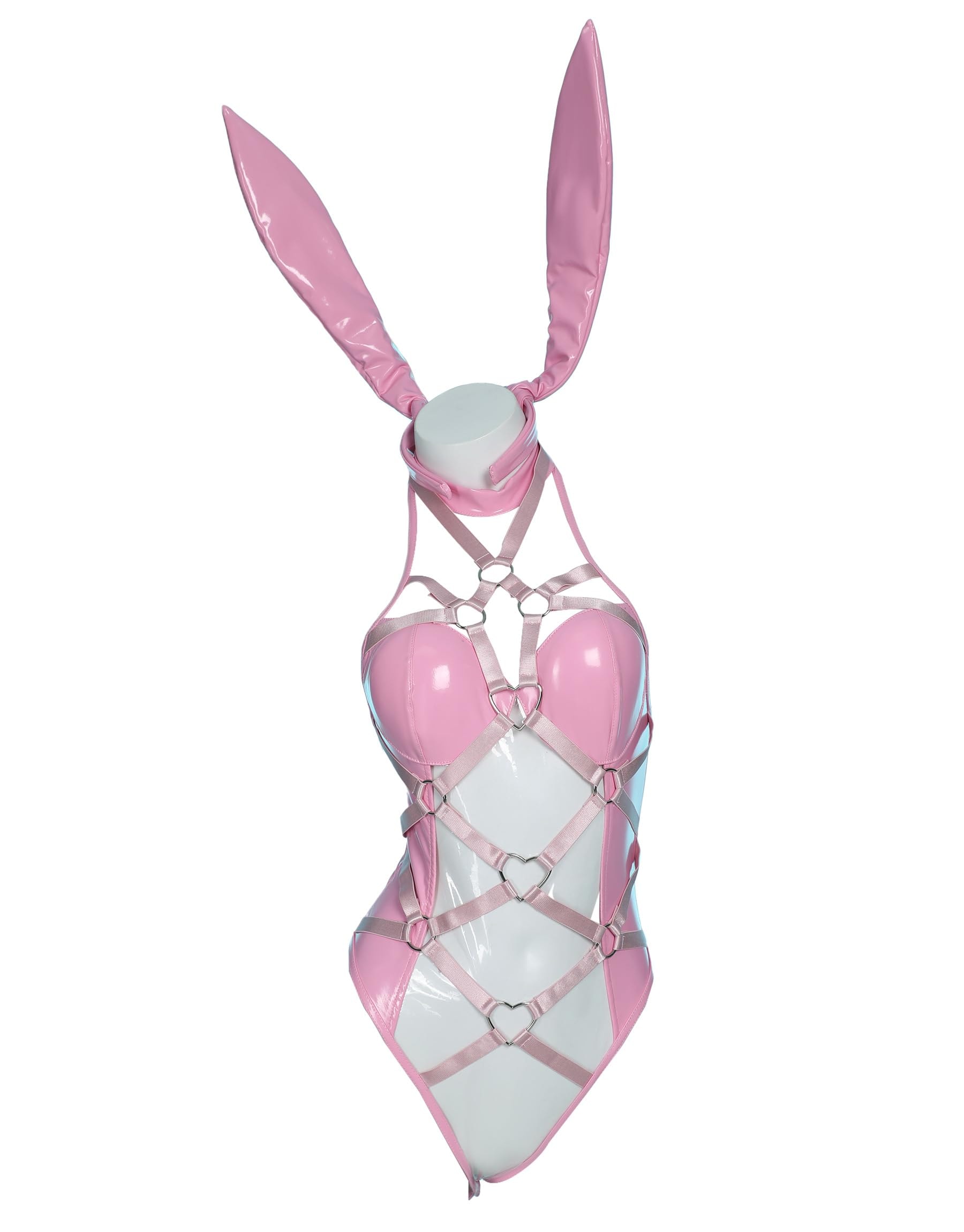 Women's Pink Bunny Girl Costume Heart Ring linked Bondage Lingerie Set Transparent Bodysuit: Small Pink