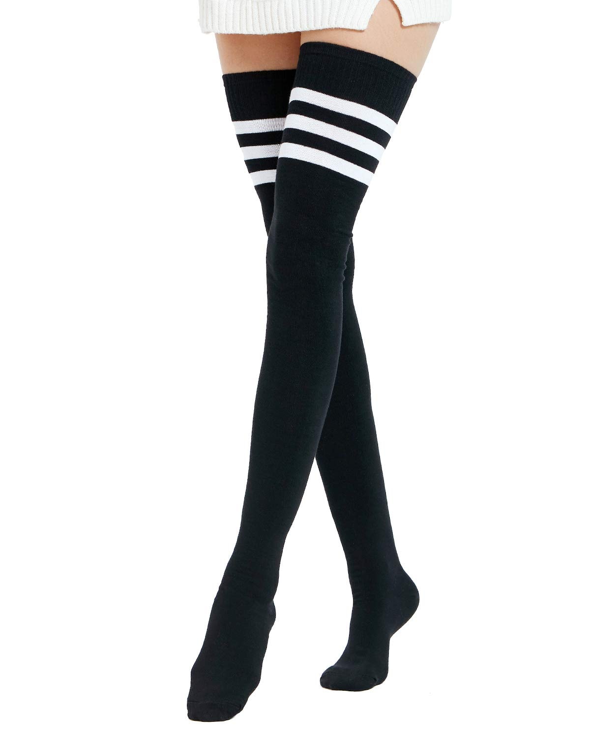 Kayhoma Extra Long Cotton Stripe Thigh High Socks Over the Knee High Plus Size Stockings…: Medium Black