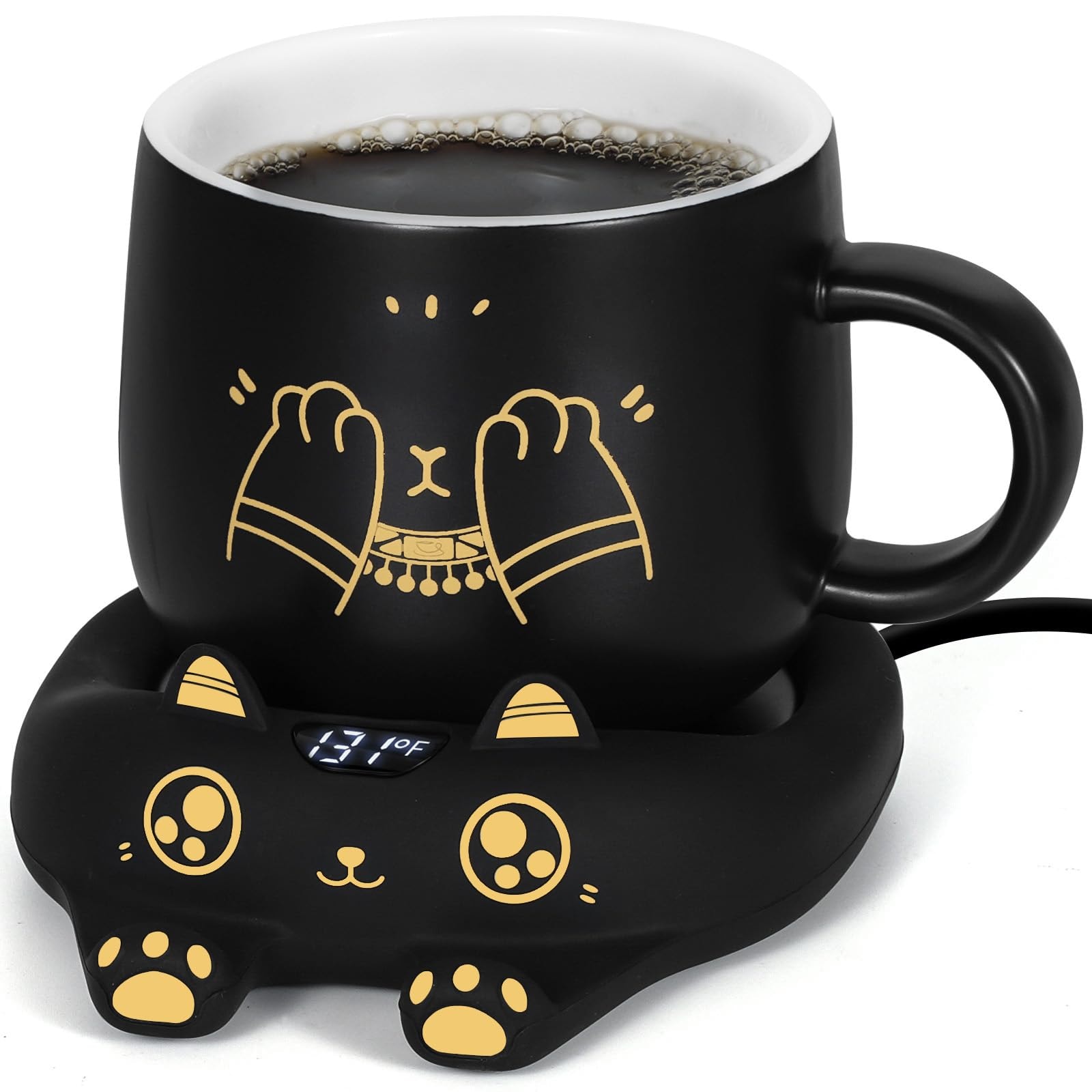 PUSEE Coffee Mug Warmer & Cute Cat Mug Set, Coffee Cup Warmer for Desk with Auto Shut Off, Beverage Warmer with 3 Temp Settings, Candle Warmer Coffee Warmer with Mug Set for Christmas & Birthday Gifts - Image 1