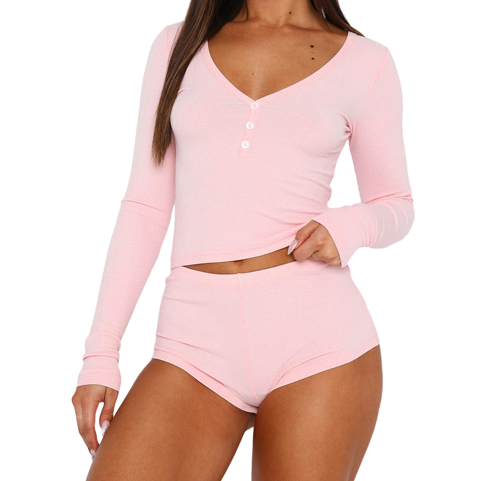 Multitrust Women Two Piece Lounge Set Long Sleeve Crop Tops and High Waist Shorts Ribbed Matching Pajamas Sets Loungewear: Medium Pink