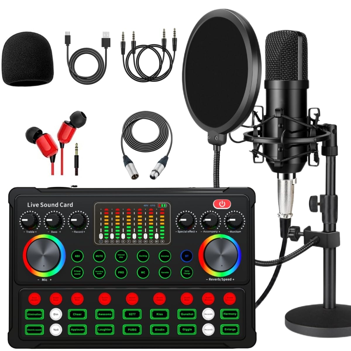 Podcast Equipment Bundle, with BM800 Podcast Microphone and V8 Sound Card, Voice Changer - Audio Interface -Perfect for Recording, Singing, Streaming and Gaming (): M300