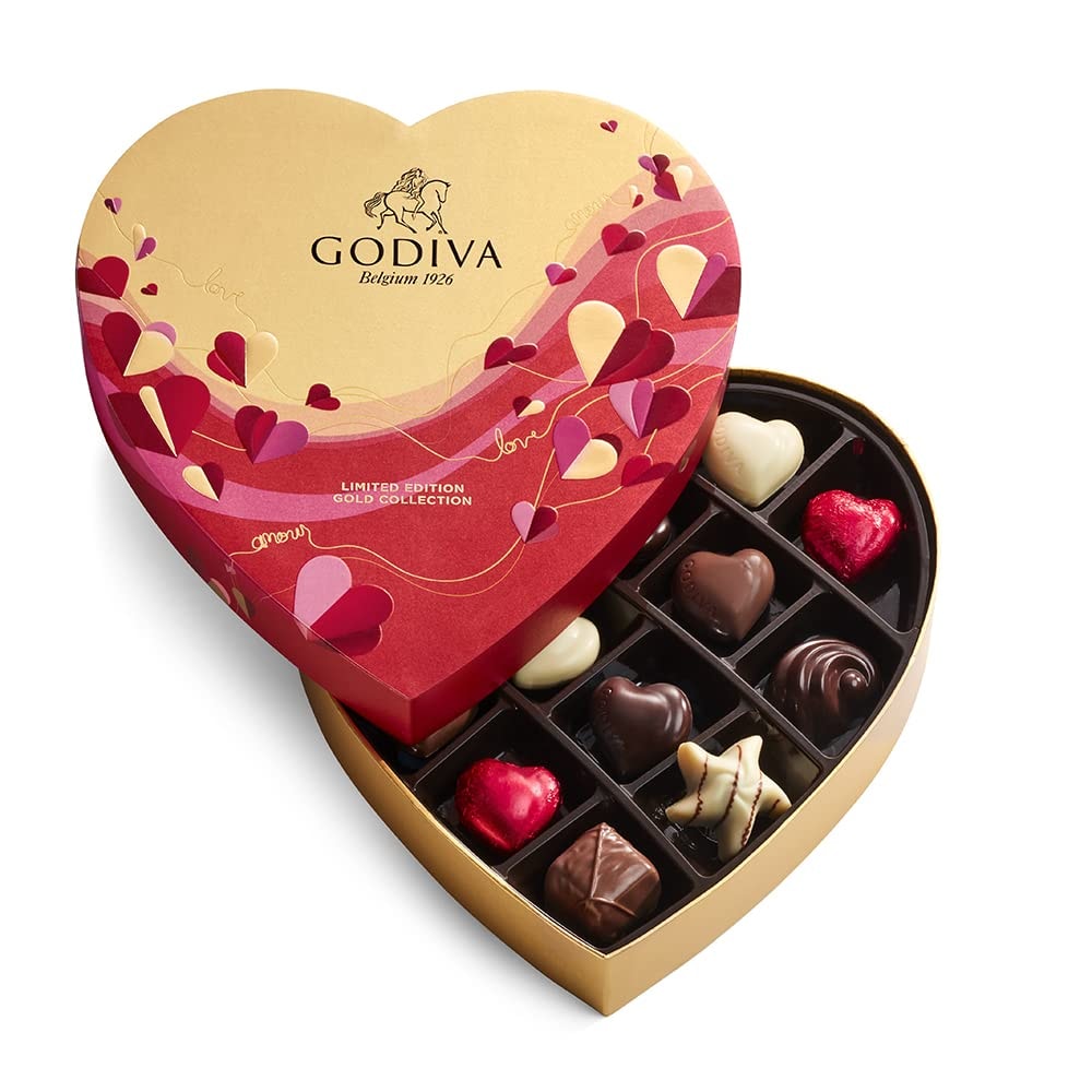 Godiva Chocolatier Valentine’s Day Heart Chocolate Gift Box - 14 Piece Assorted Milk, White and Dark Chocolate with Gourmet Fillings – Elegant Treat for Women or Men - Image 1