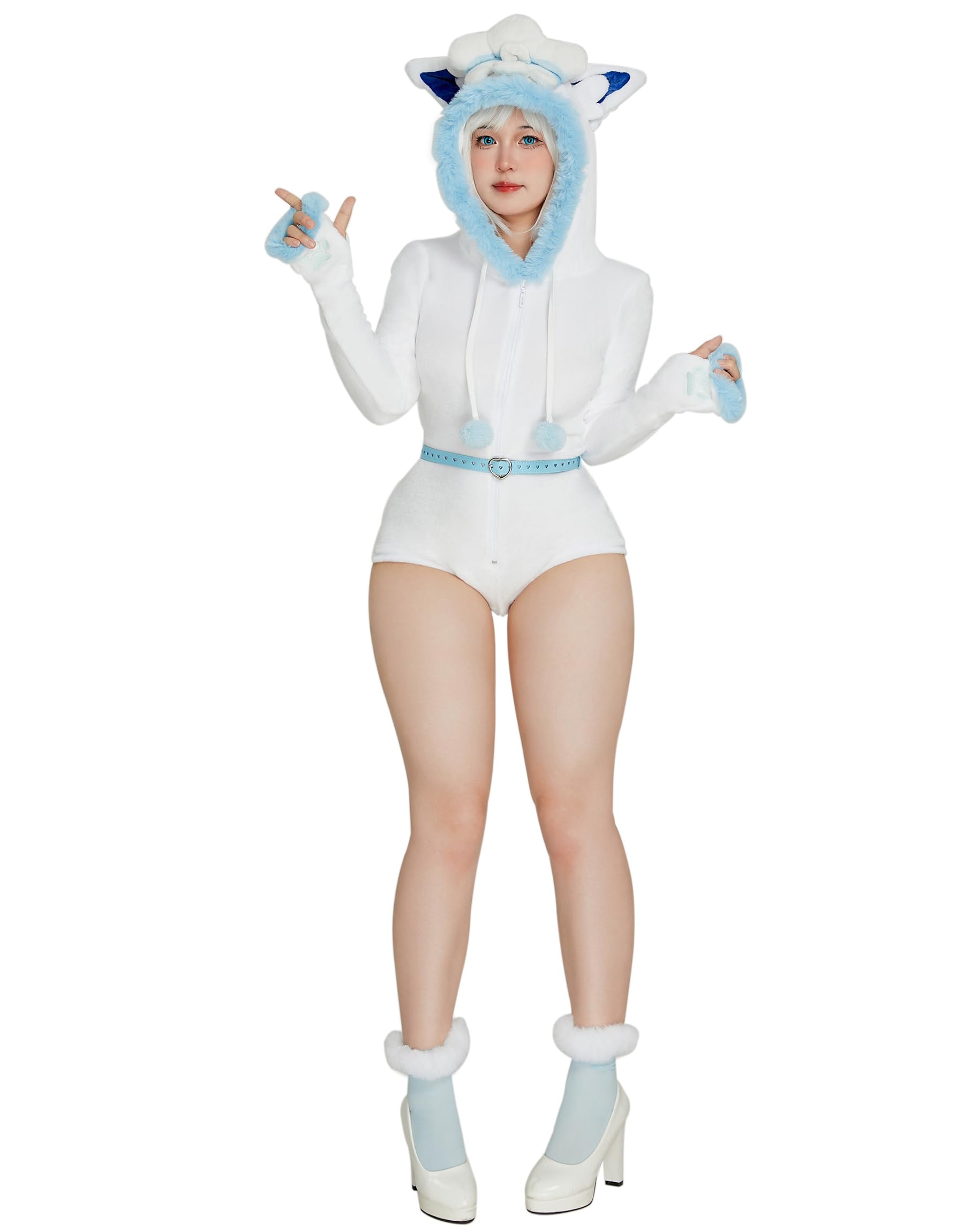 Women's Anime Cosplay Costume Fluffy Romper Onesie Pajamas White Blue Furry Hooded Bodysuit Bodycon Sleepwear: Small White