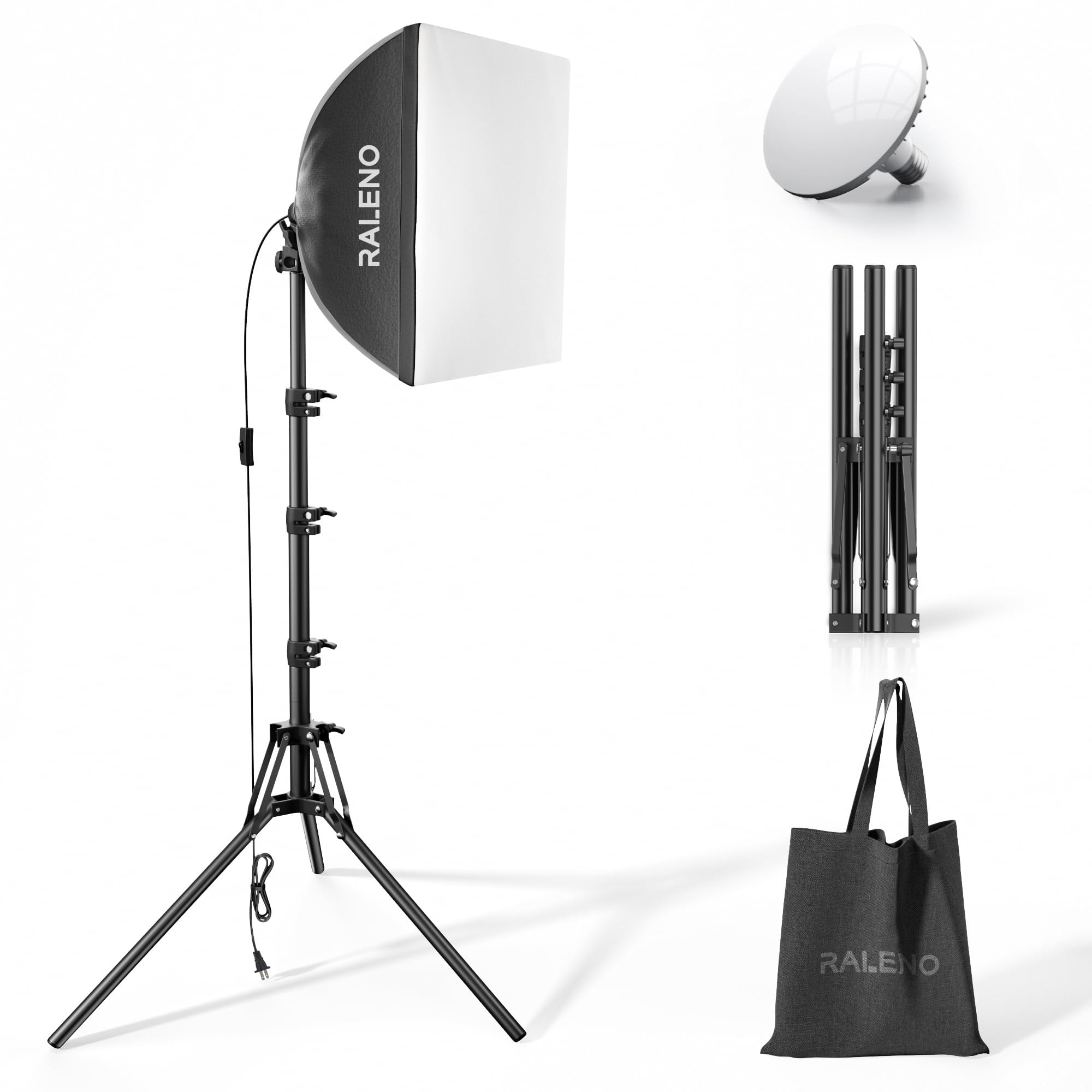 RALENO Softbox Photography Lighting Kit, 16'' x 16'' Softbox Lighting for TikTok with LED Bulb (50W | 5500K | 97 CRI | TLCI≥97), Continuous Lighting for Video Recording & Photography Shooting: Black