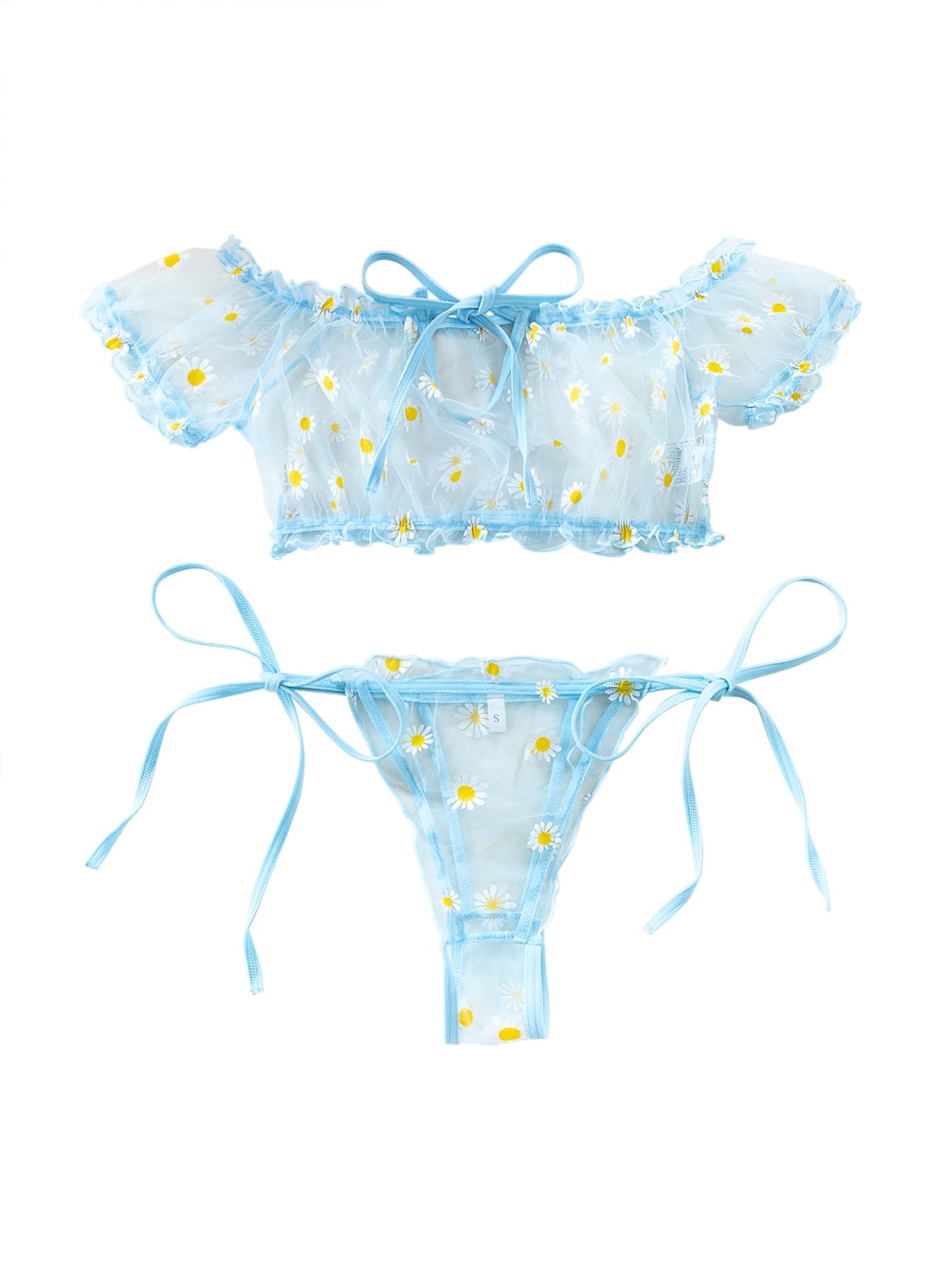 Lilosy Sexy Stretch Ruffle Tie Sheer Mesh Lingerie Set: Small Flower Blue