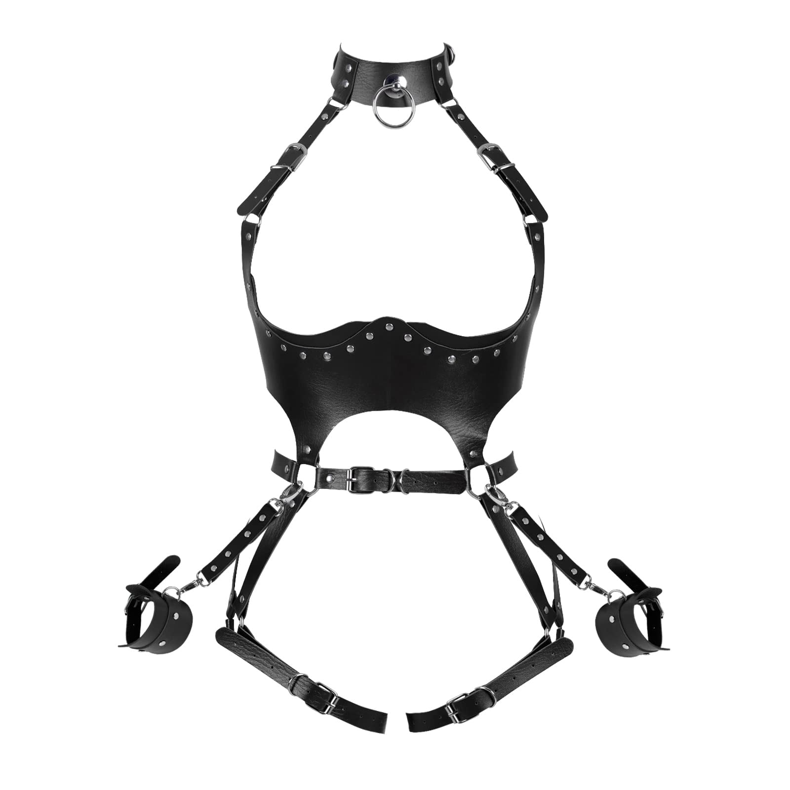 Waist Garter belt Punk Full body harness for women Photography Dance Rock Halloween Leather cage Chest strap set: Black