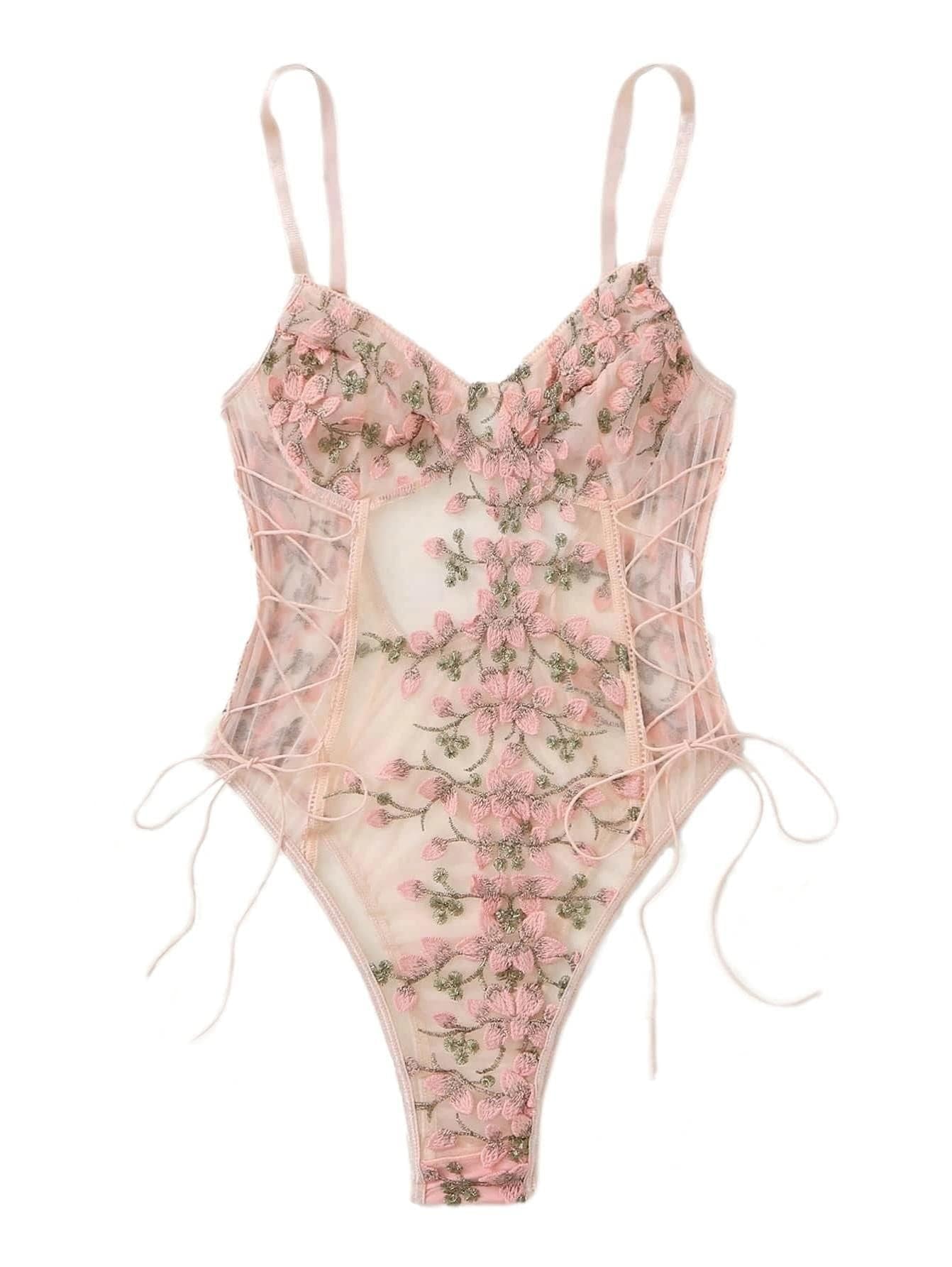 Lilosy Women Sexy Lace Up Floral Embroidered Teddy Lingerie Bodysuit Top Mesh Sheer One Piece: Small Pink