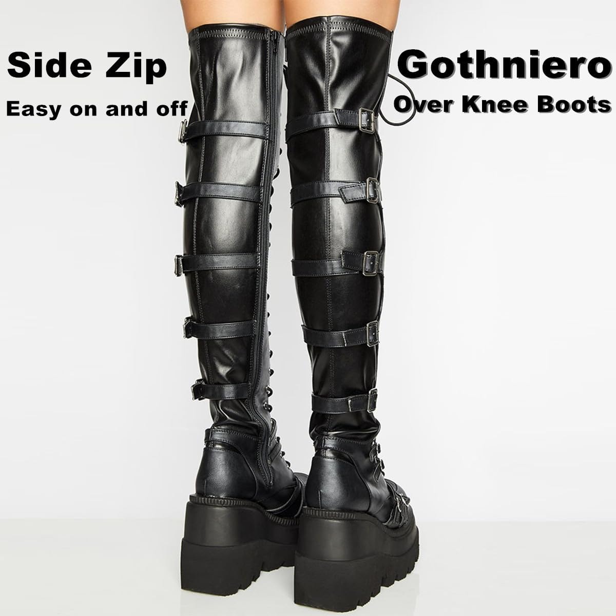 Gothniero Black Platform Boots Over Knee Thigh High Goth Boots for Women Chunky Heel Rave Motorcycle Boots with Buckles Side Zip Lace Boots Size5.5-10 - Image 8