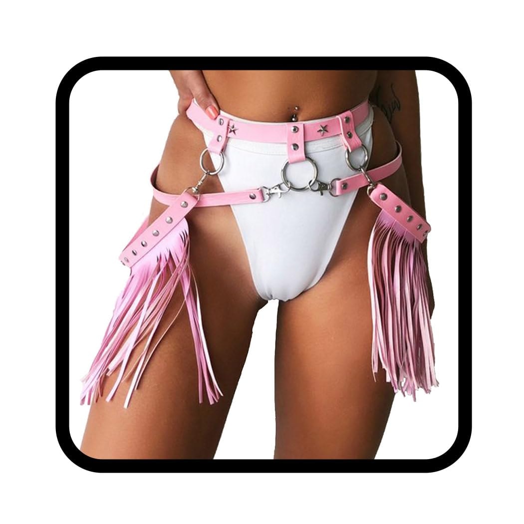 Asooll Punk Leather Waist Chain Tassel Fringe Belly Belt Harness Bikini Rave Body Accessories Jewerly for Women and Girls: Pink