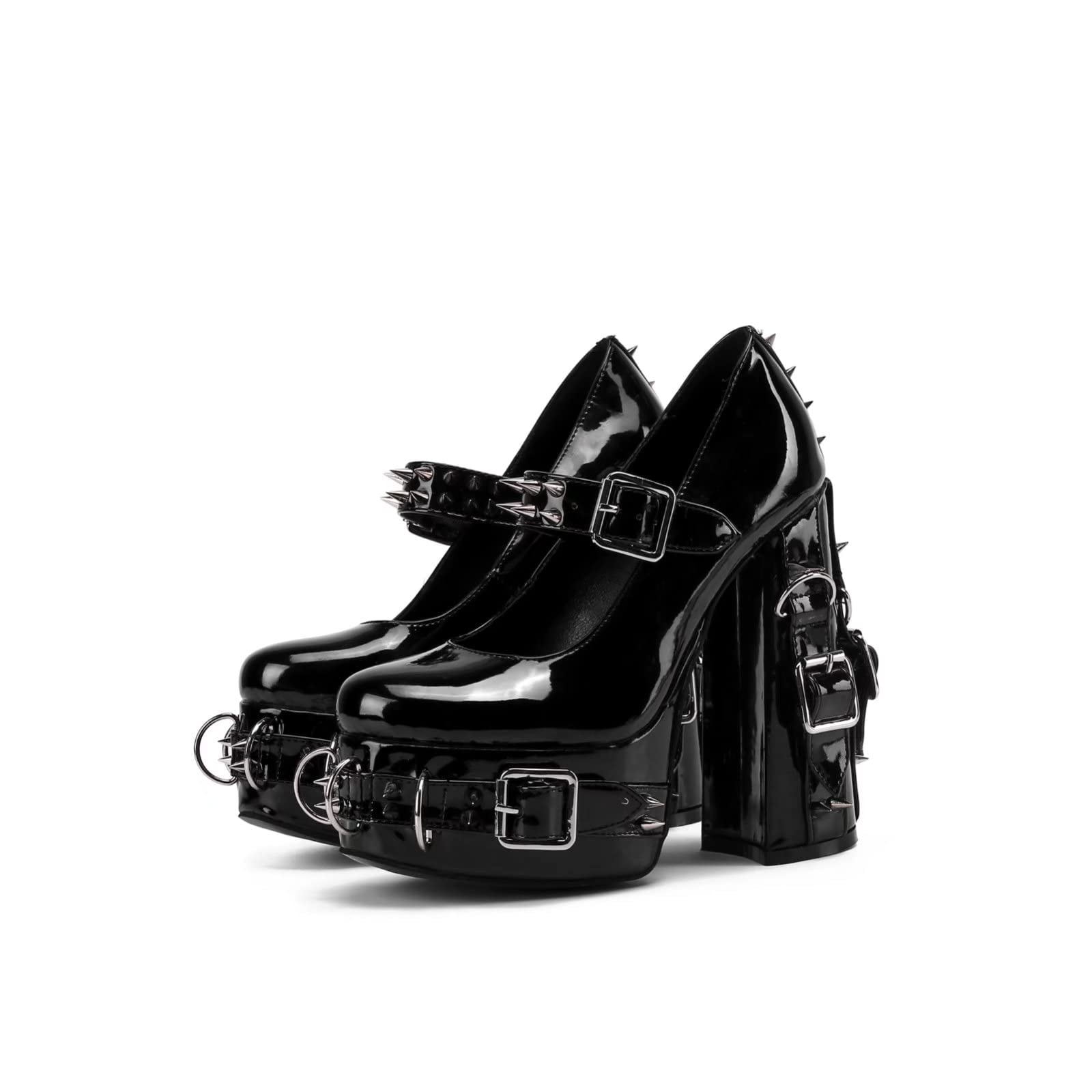 Frankie Hsu Women's Gothic Large Size Black Patent Leather Buckle Belt Ring Rivet Shinny Sexy Platform Chunky High Heels Ankle Strap Heeled Bootie Shoes: 7 Black