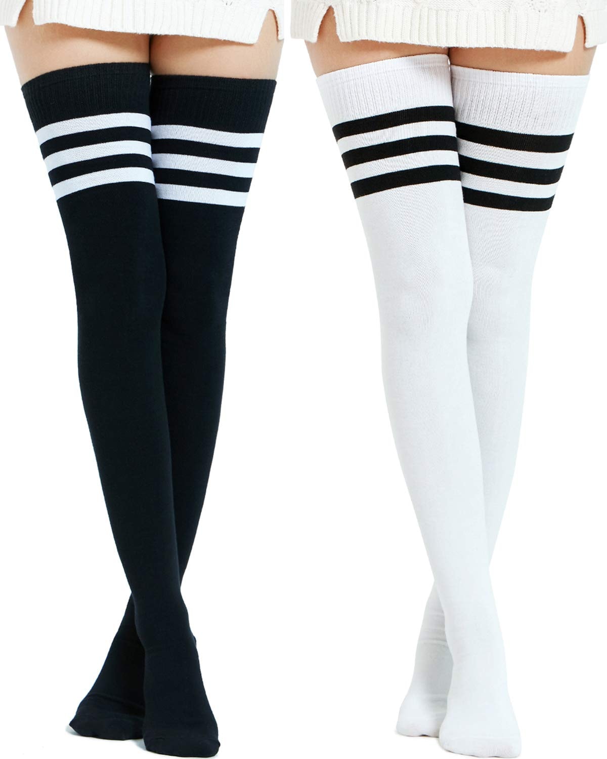 Kayhoma Extra Long Cotton Stripe Thigh High Socks Over the Knee High Plus Size Stockings…: Medium Black/White