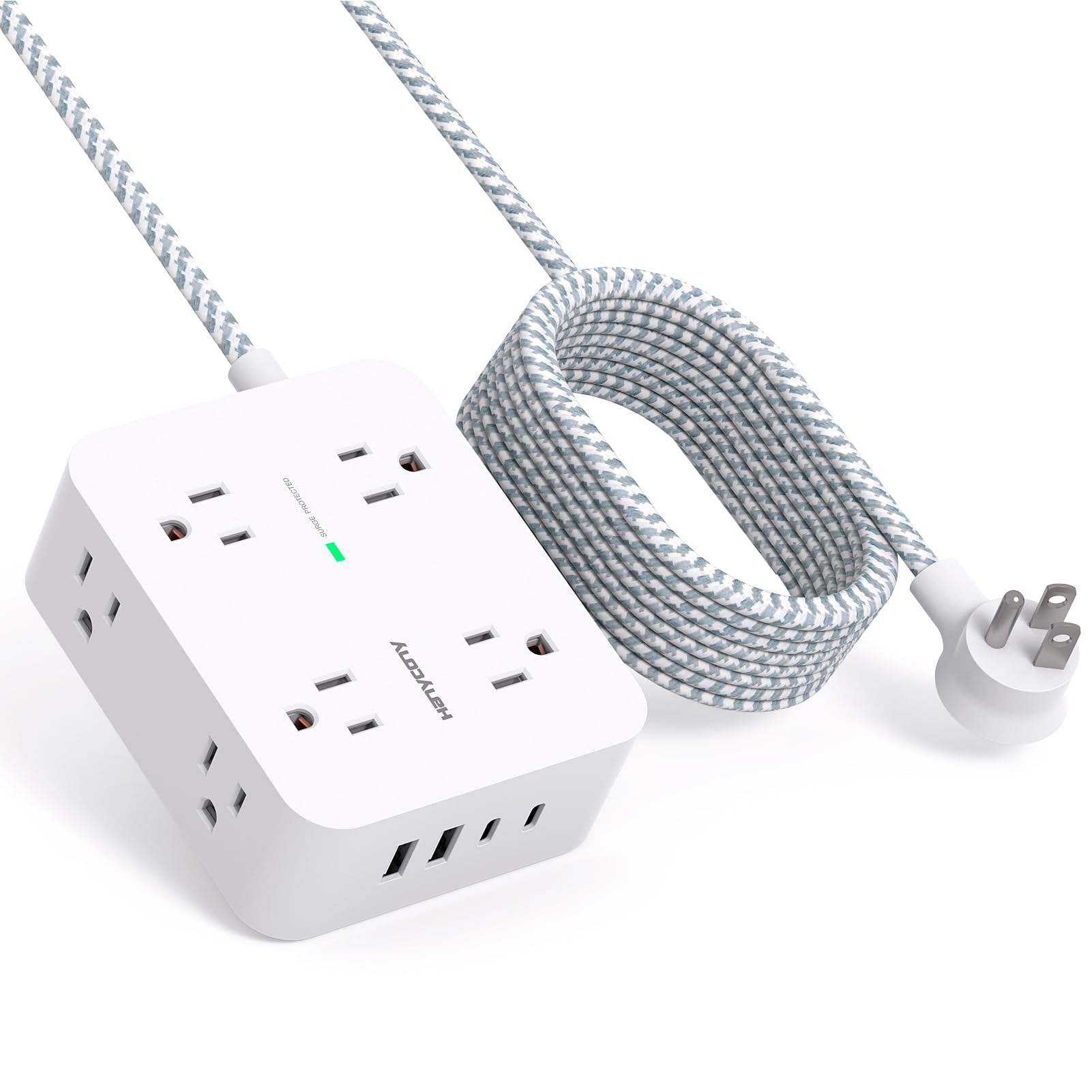 Surge Protector Power Strip - 8 Outlets with 4 USB (2 USB C) Charging Ports, Multi Plug Outlet Extender, 5Ft Braided Extension Cord, Flat Plug Wall Mount Desk USB Charging Station for Home Office ETL: 10Ft White