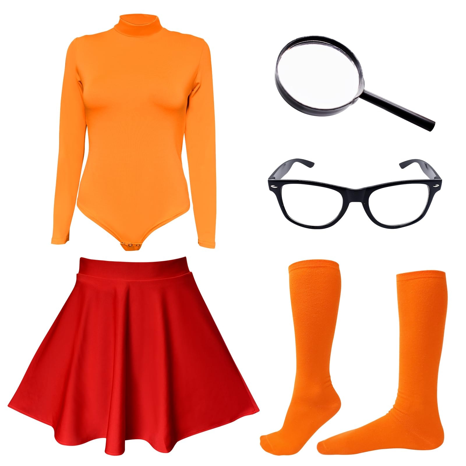 ATAMET Halloween Costume for Women,Sexy Long Sleeve Leotard Turtleneck Tops Bodysuit,Skater Skirt,Magnifying Glass,Socks: Small Orange&red