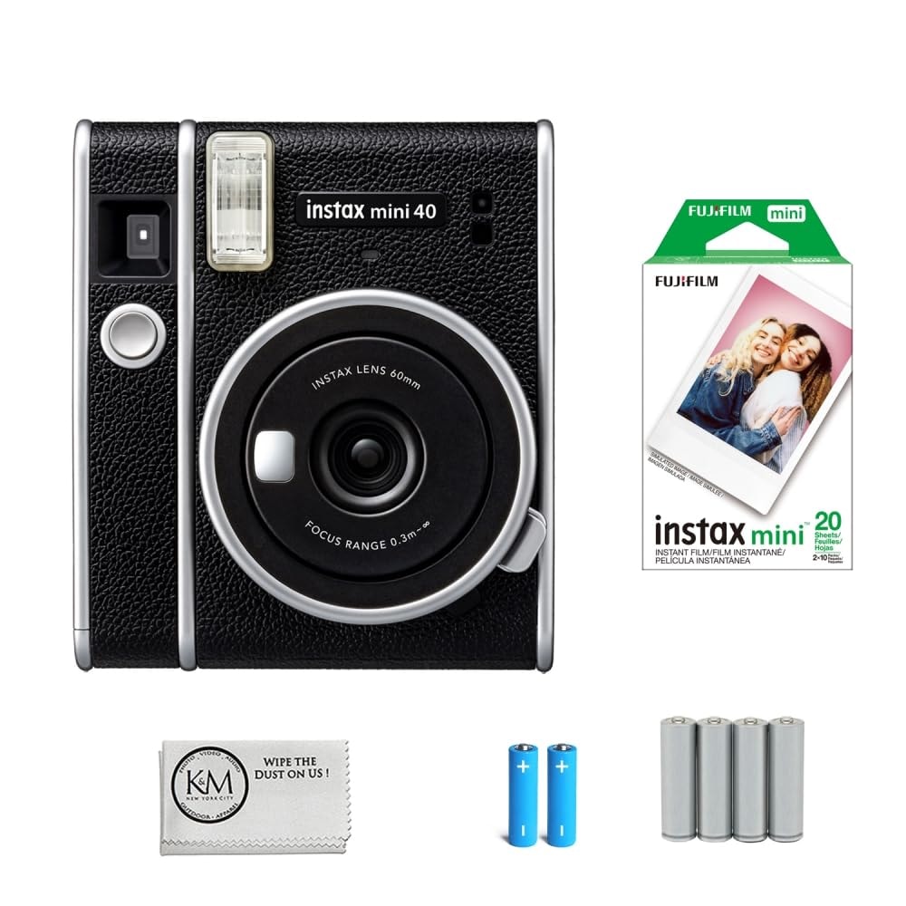 FUJIFILM INSTAX Mini 40 Instant Film Camera Bundle with Fujifilm Instax Twin Pack Film | 20 Exposures + AA Batteries | 4 Pack + Cleaning Cloth (4 Items): FUJIFILM INSTAX Mini 40 Instant Film Camera Bundle with Fujifilm Instax Twin Pack Film | 20 Exposures + AA Batteries | 4 Pack + Cleaning Cloth (4 Items)