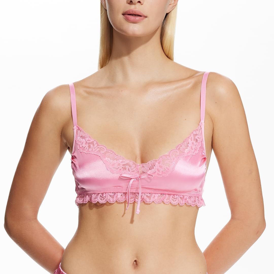 Lily Satin Bralette Women's Lingerie Wireless Bra Frilly Silky Bralette: Small Pink