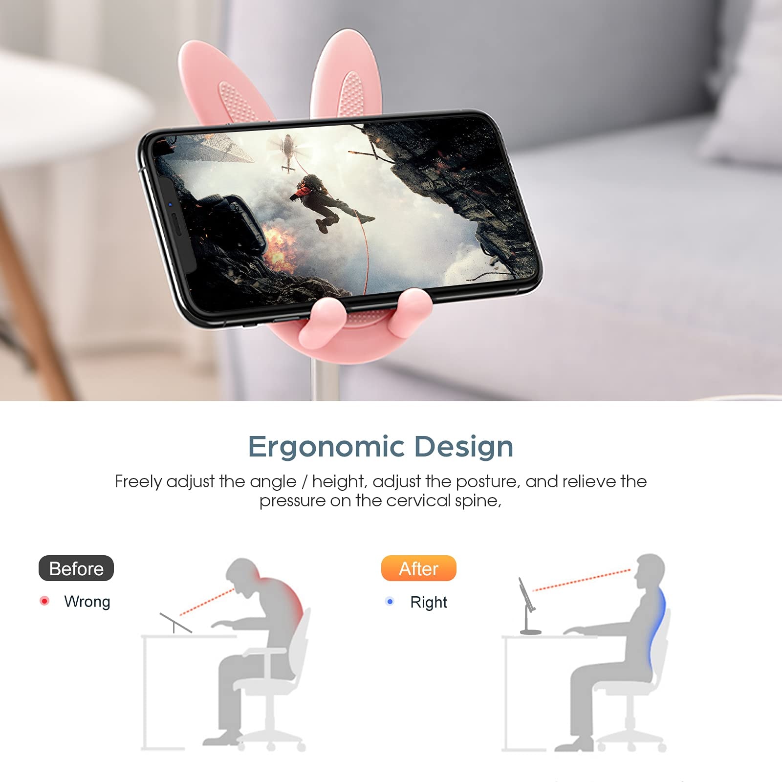 Cell Phone Stand,Angle Height Adjustable Bunny Phone Stand for Desk,Cute Rabbit Phone Holder Stand for Desk, Compatible with All Mobile Phones, Tablets(4-10in) () - Image 4