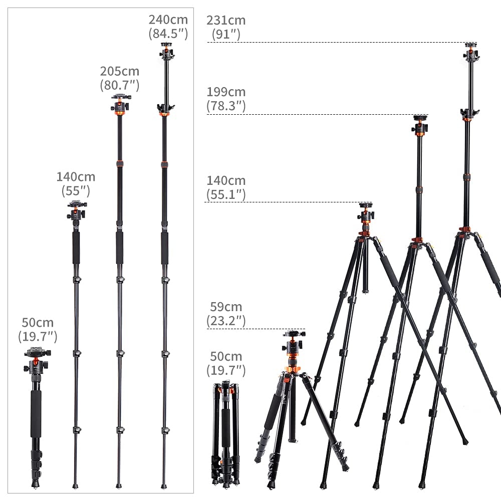 K&F Concept 78 inch Camera Tripod for DSLR Compact Aluminum Tripod with 360 Degree Ball Head and 10KG Load for Travel and Work  (S210) - Image 3