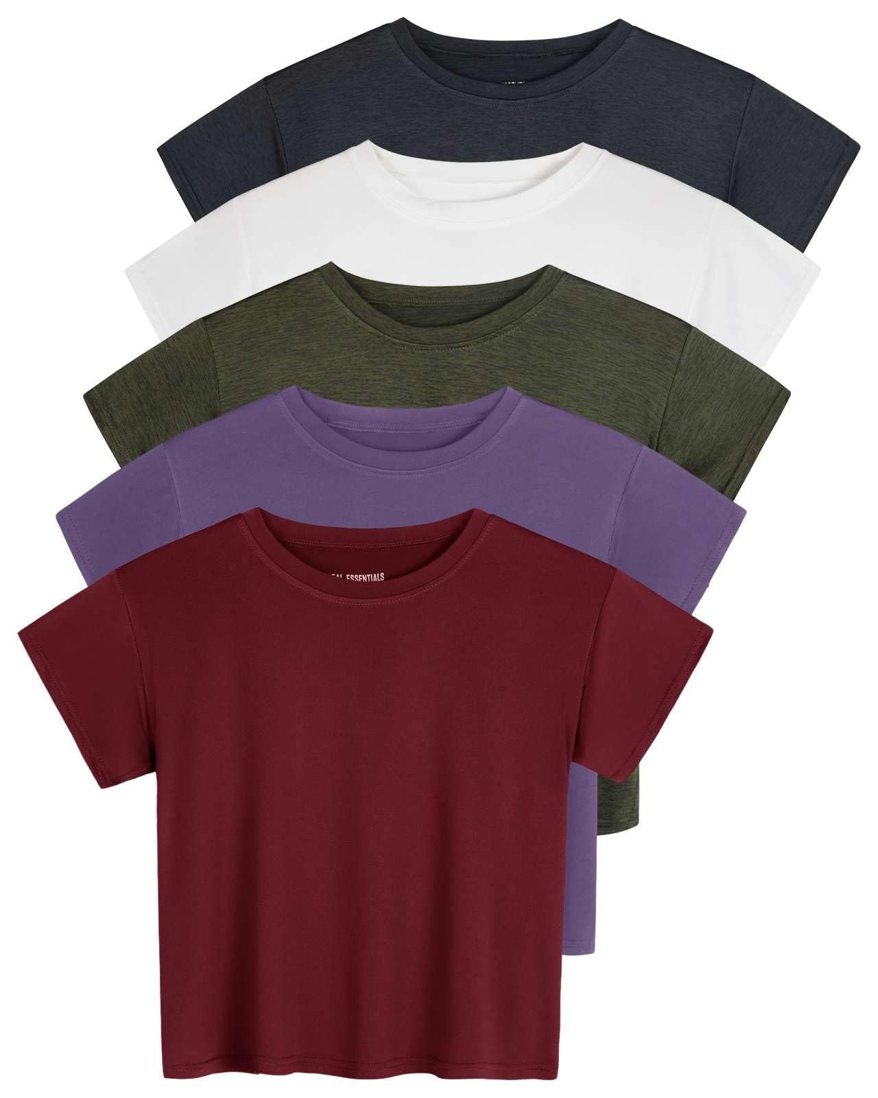 Real Essentials 5 Pack: Women's Dry Fit Crop Top - Short Sleeve Crew Neck Stretch Athletic Tee (Available in Plus Size): Regular Size Medium Set 5