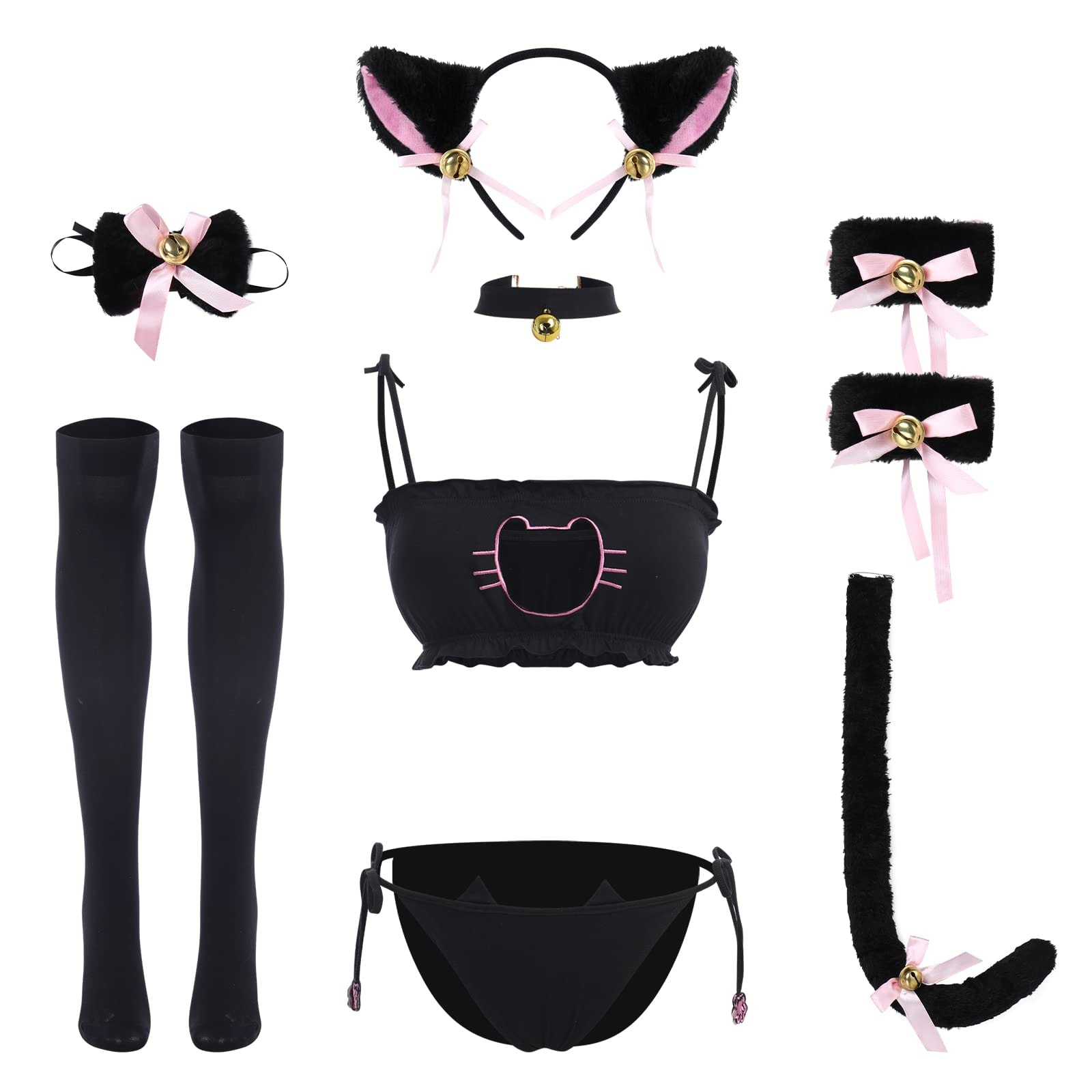 ABAFIP Women's Cute Anime Kawaii Cat Kitten Cosplay Strappy Lingerie Halter Micro Bra Panty Headband Garter Stockings Set: One Size Black-03