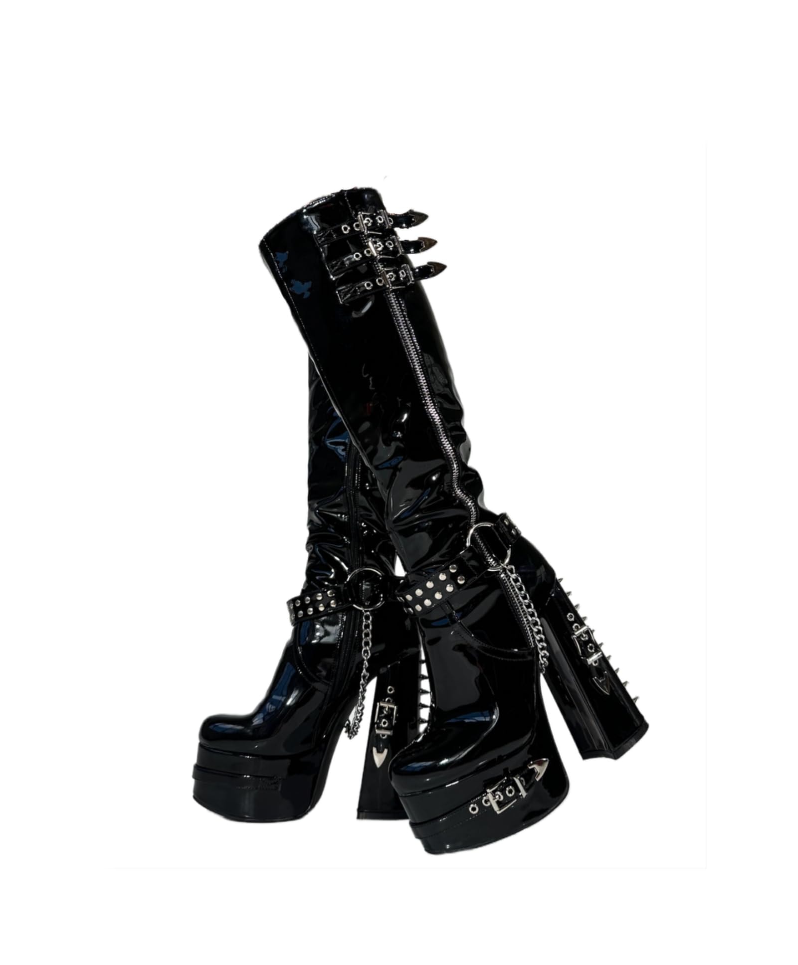 Frankie Hsu Goth Sexy Chunky Platform Knee High Heeled Boots, Black Patent Silver Chain Rivets Ring Buckle Gothic, Punk Y2K Hot Girl Big Large Size Wide Calf Shoes For Women Men: 7 Black