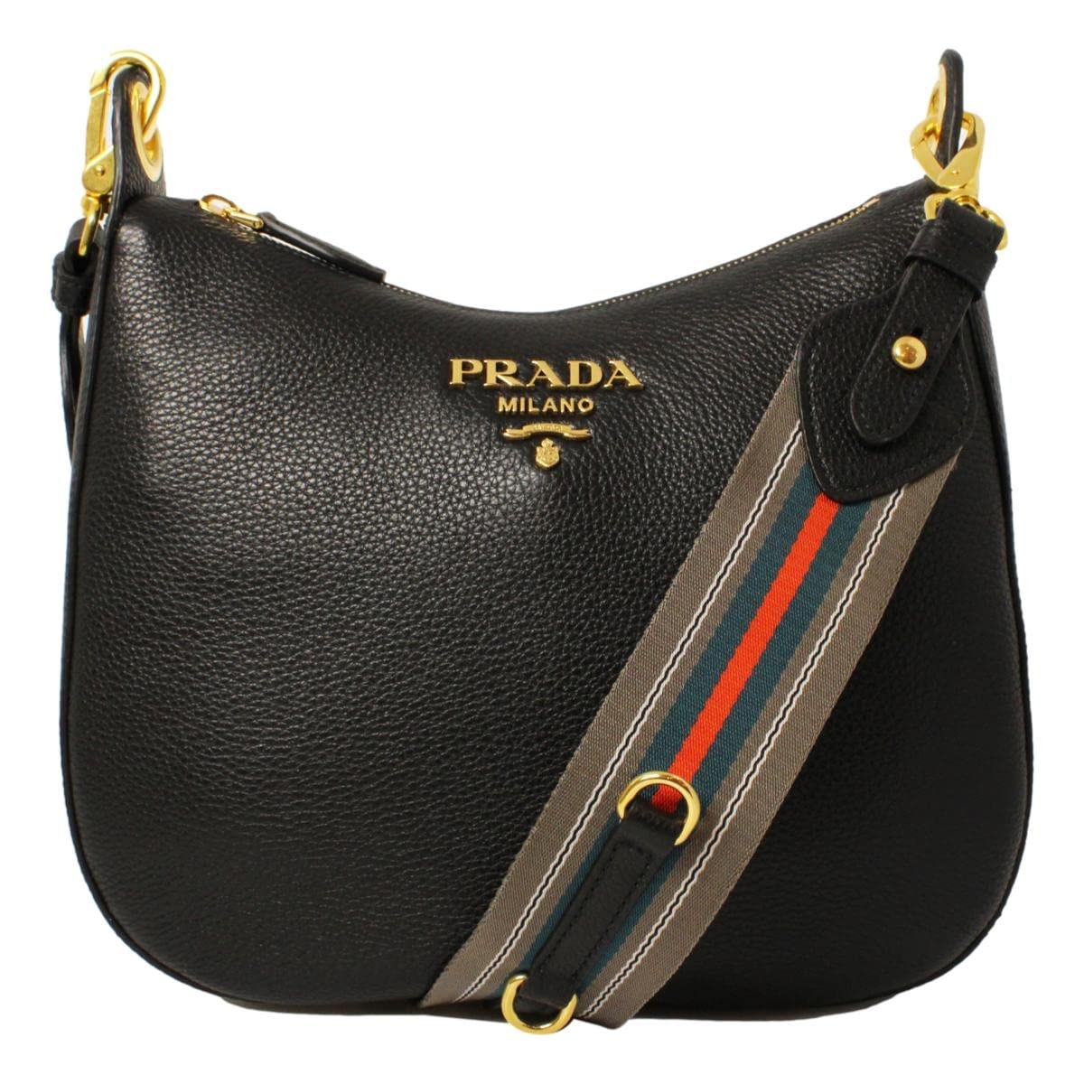 Prada Black Vitello Phenix Leather Web Stripe Strap Crossbody 1BC166: Prada Black Vitello Phenix Leather Web Stripe Strap Crossbody 1BC166