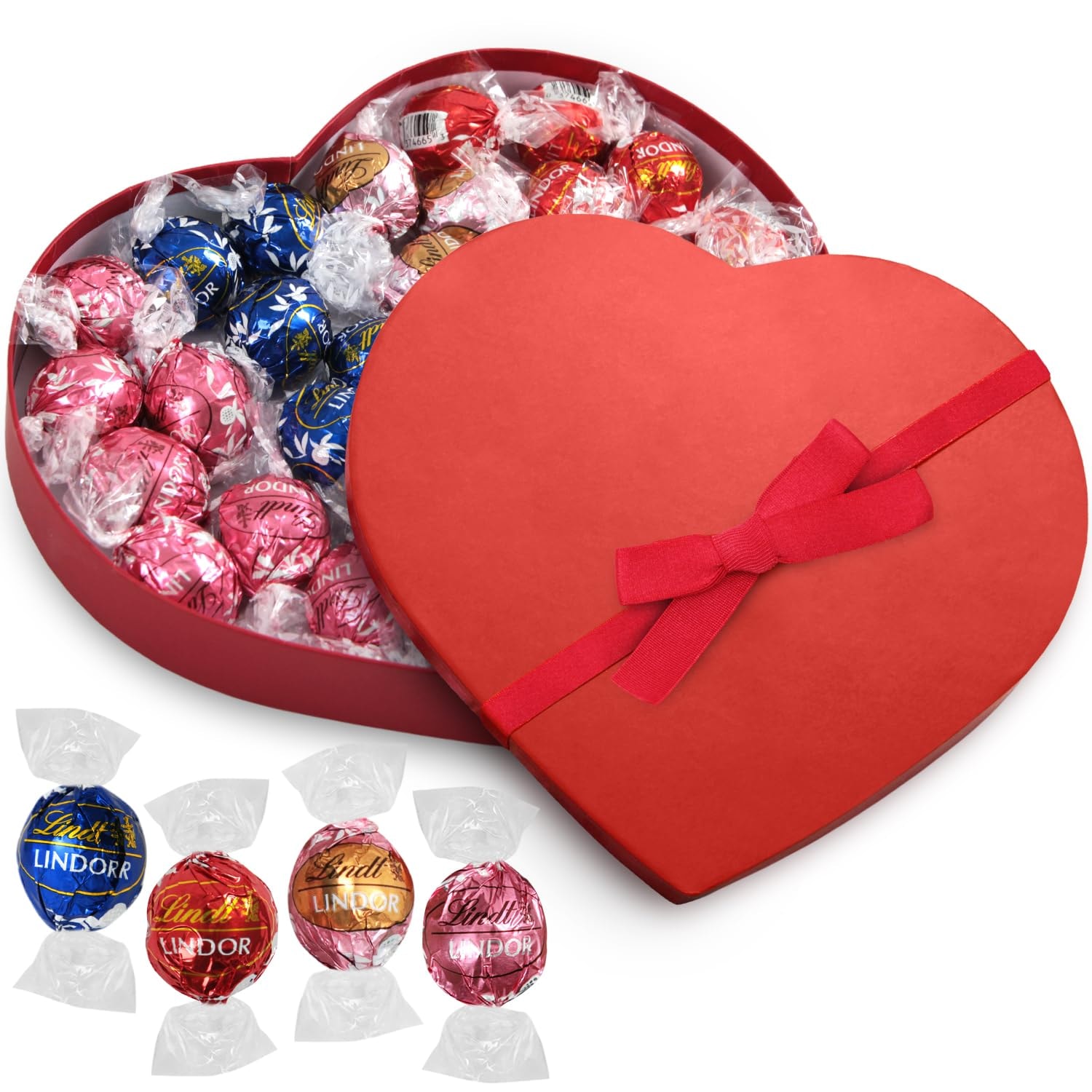 Chocolate Truffles in Heart Box, 32 Pieces of LindorTruffles 8 of Each Flavor, Ideal for Sharing with Loved Ones, Perfect Heart Chocolate Box for Lovers - Image 1