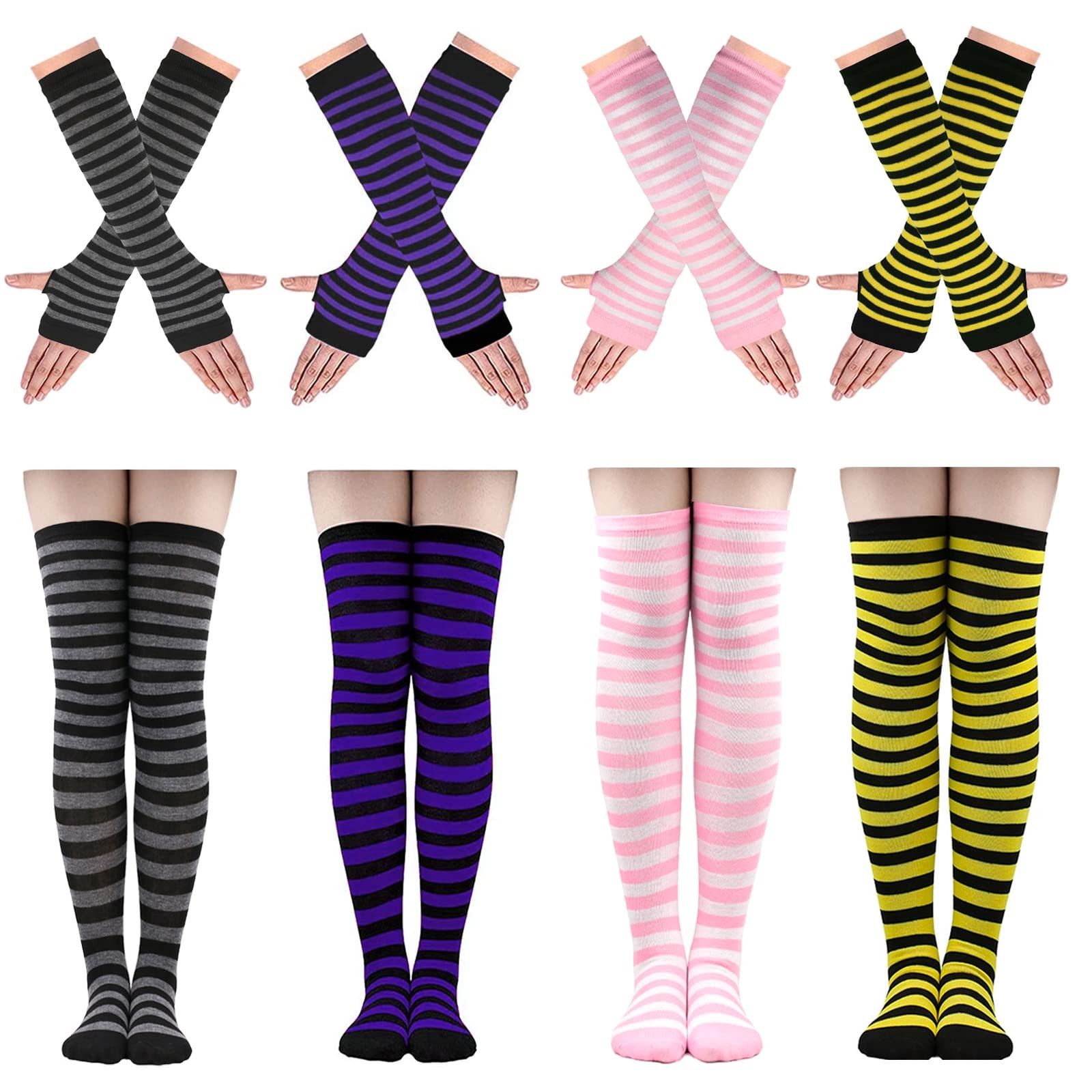 Ibeauti 8 Pcs Womens Striped Knee High Socks Stockings Y2K Goth Knitted Long Arm Warmer Fingerless Gloves Set: 4-black/Purple/Yellow/Pink