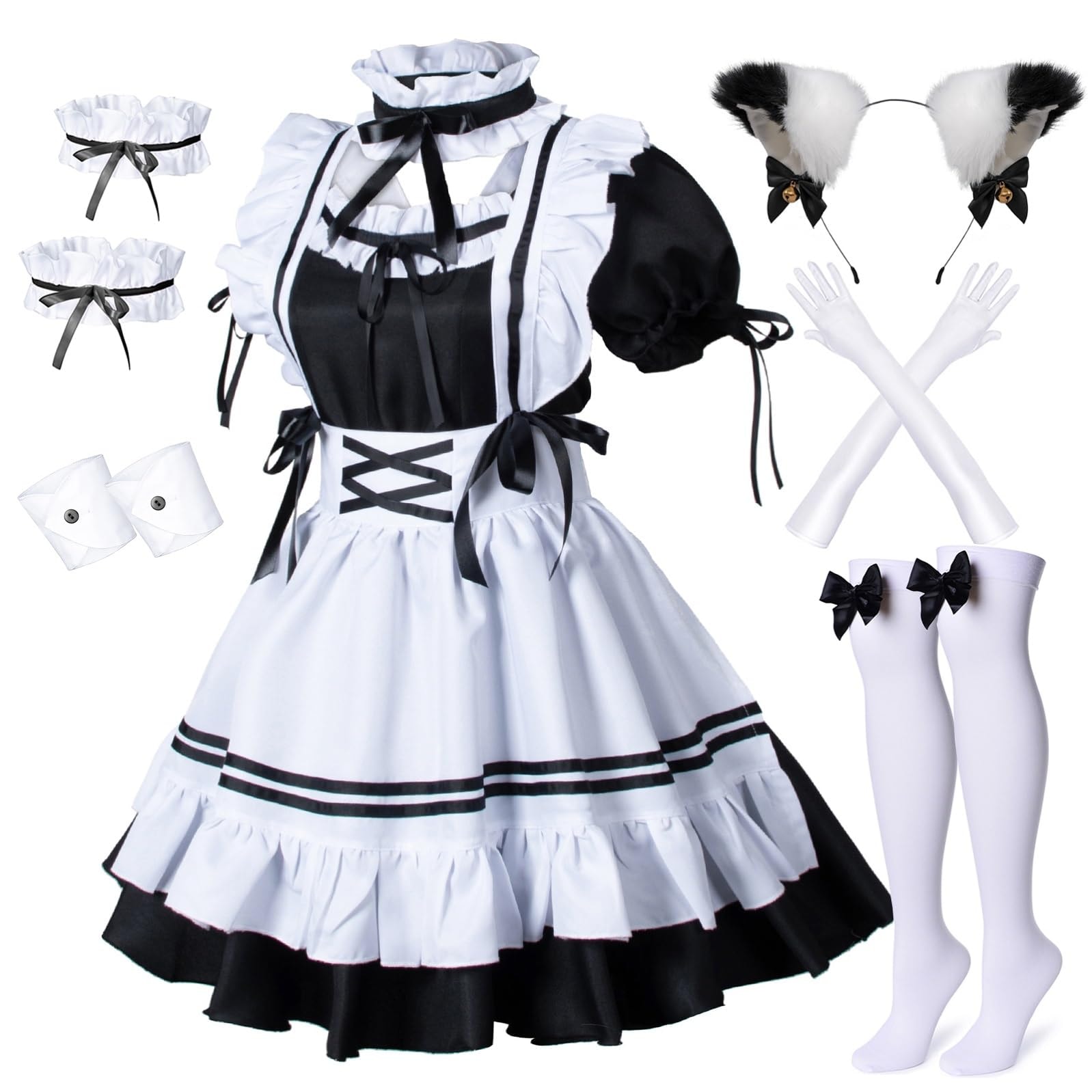 Wannsee Anime French Maid Apron Lolita Fancy Dress Cosplay Costume Furry Cat Ear Gloves Socks set(2XL): Small Black-white