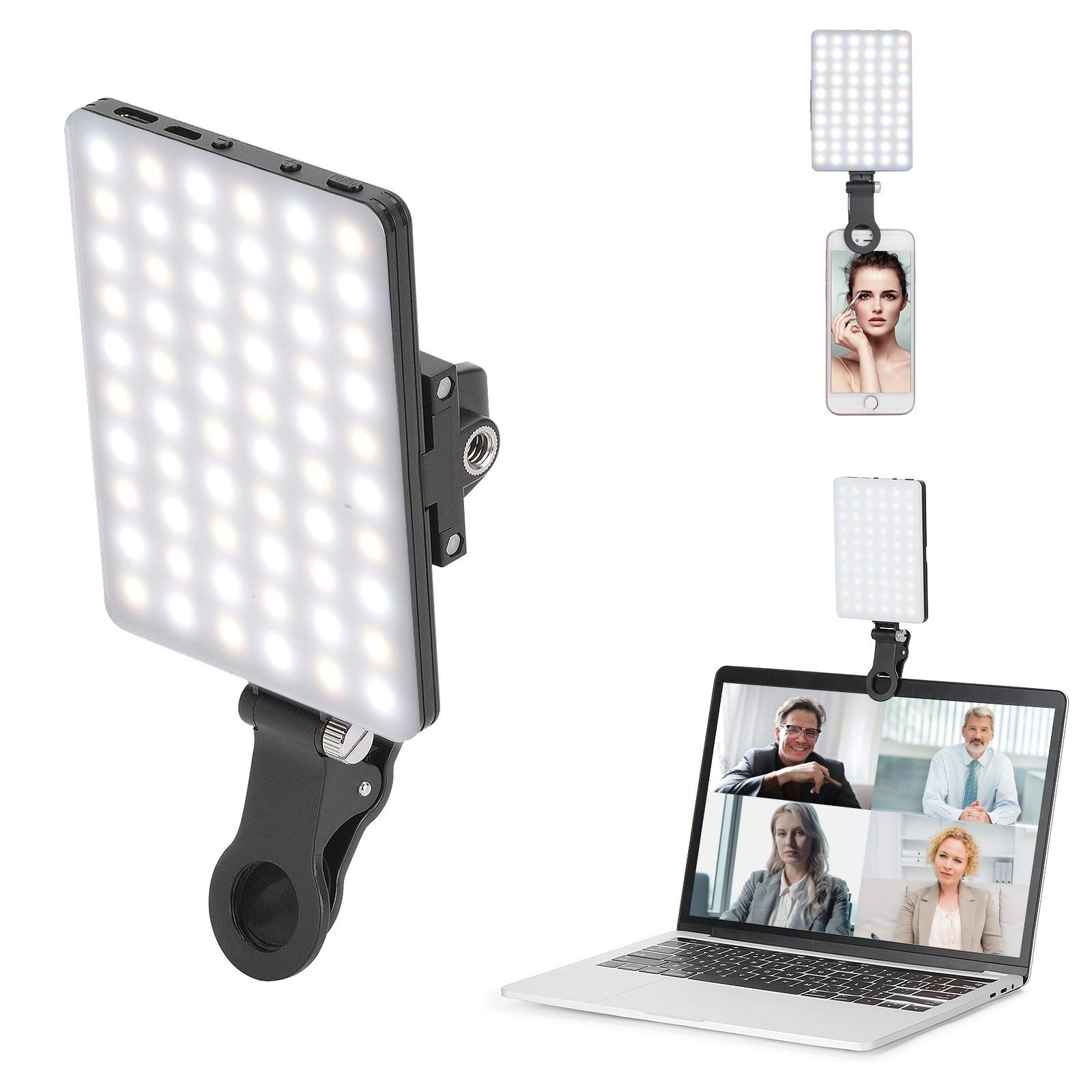 Newmowa 60 LED High Power Rechargeable Clip Fill Video Conference Light with Front & Back Clip, Adjusted 3 Light Modes for Phone, iPhone, Android, iPad, Laptop, for Makeup, TikTok, Selfie, Vlog: Newmowa 60 LED High Power Rechargeable Clip Fill Video Conference Light with Front & Back Clip, Adjusted 3 Light Modes for Phone, iPhone, Android, iPad, Laptop, for Makeup, TikTok, Selfie, Vlog