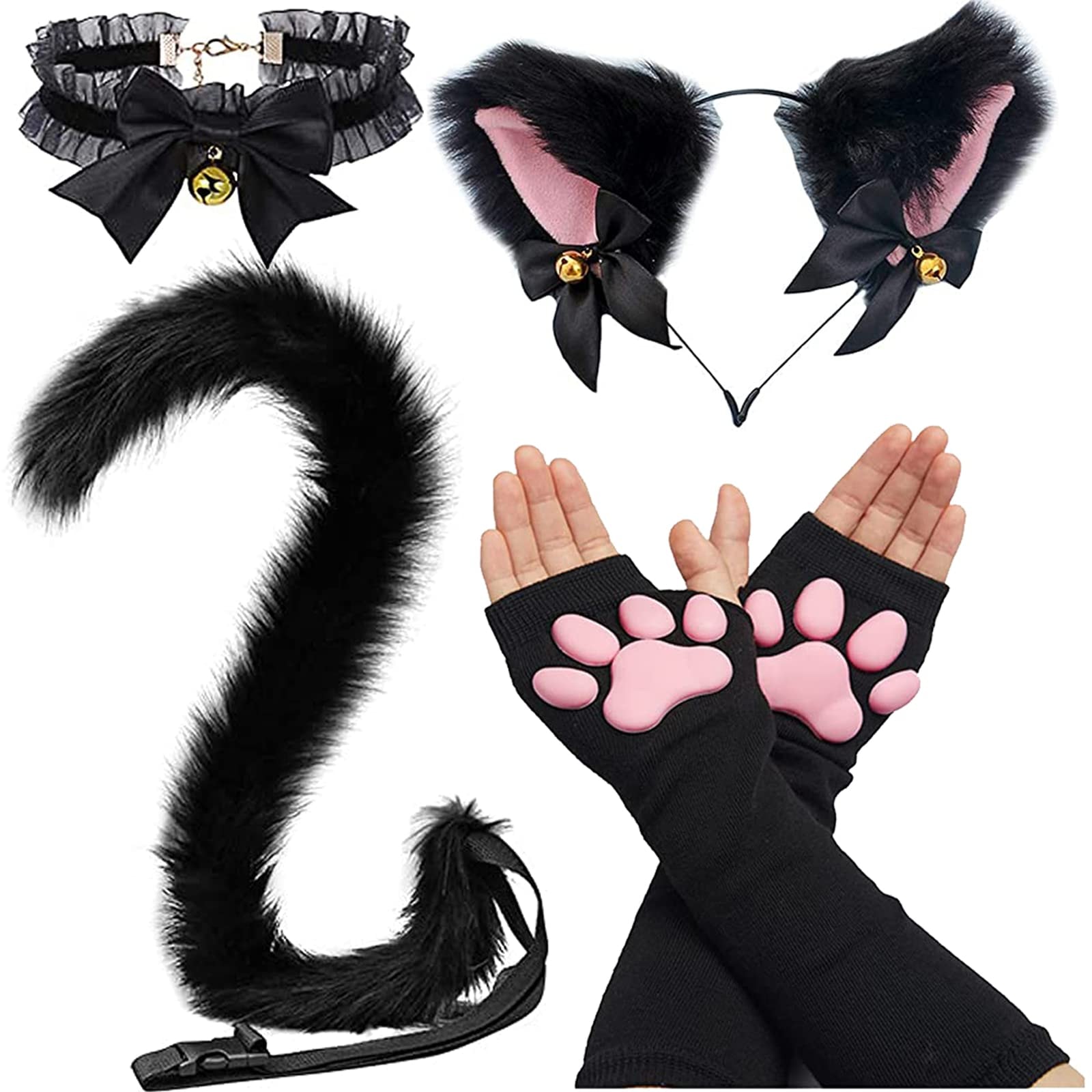 Cute Cat Paw Mittens Gloves, Kawaii Cat Cosplay Kawaii Soft 3D Toes Beans Fingerless Cat Claw Paws Pad Sleeve: 4 Pcs Black