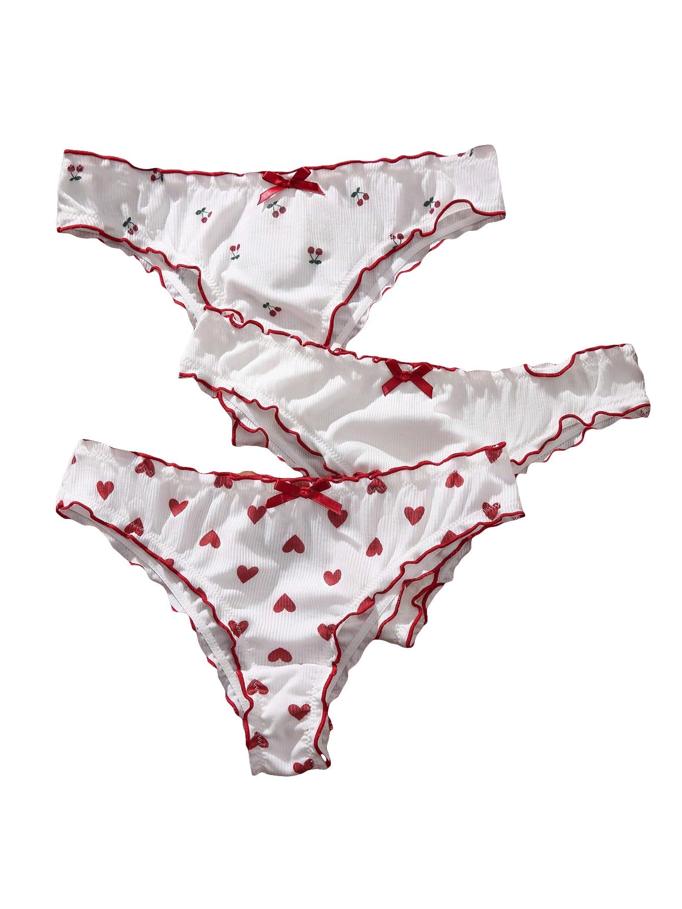 SHENHE Women's 3 Packs Underwear Heart Print Cute Panties Lettuce Trim Mid Rise Comfy Briefs: Small Burgundy