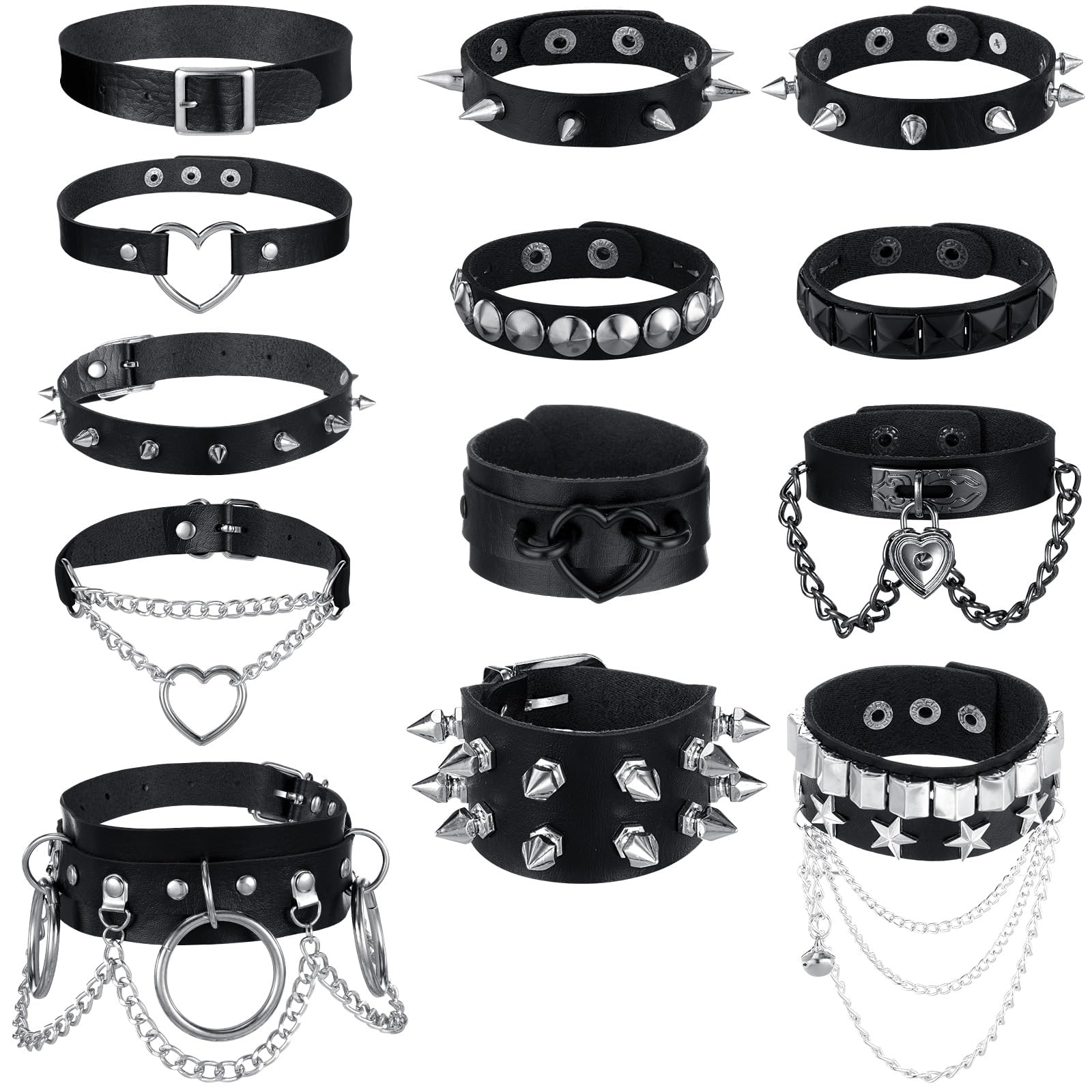 Cunno 13 Pcs Cool Steampunk Leather Choker Rock Gothic Necklace Bracelets Set Punk Spike Rivet Cuff for Cosplay Party Gift: Trendy Style