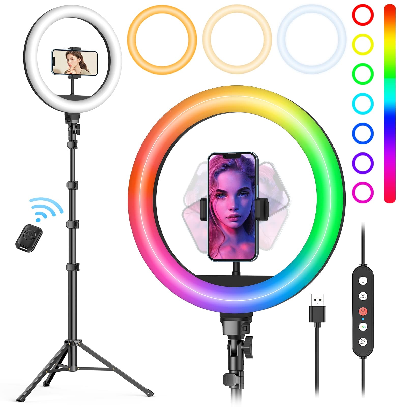 Weilisi 12" Selfie Ring Light with 63" Tripod Stand, Dimmable LED Ring Light with Phone Holder and Wireless Remote, [2-in-1] RGB & Selfie Stick for Photography/Makeup/Live Stream/YouTube: 10''