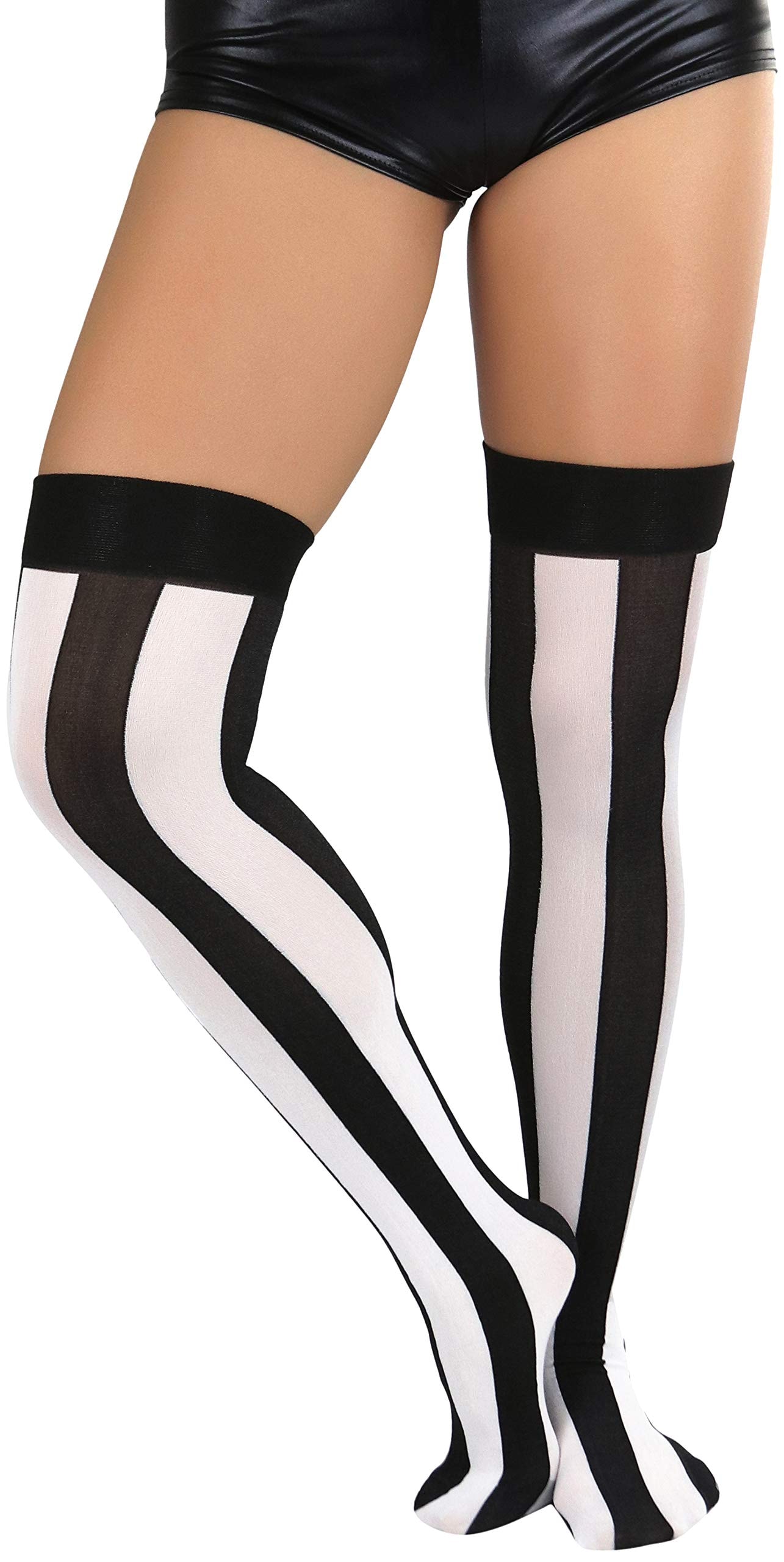 ToBeInStyle Women’s Wide Vertical Striped Thigh High Halloween Party Novelty Stockings: One Size Black W/ White Wide Stripes