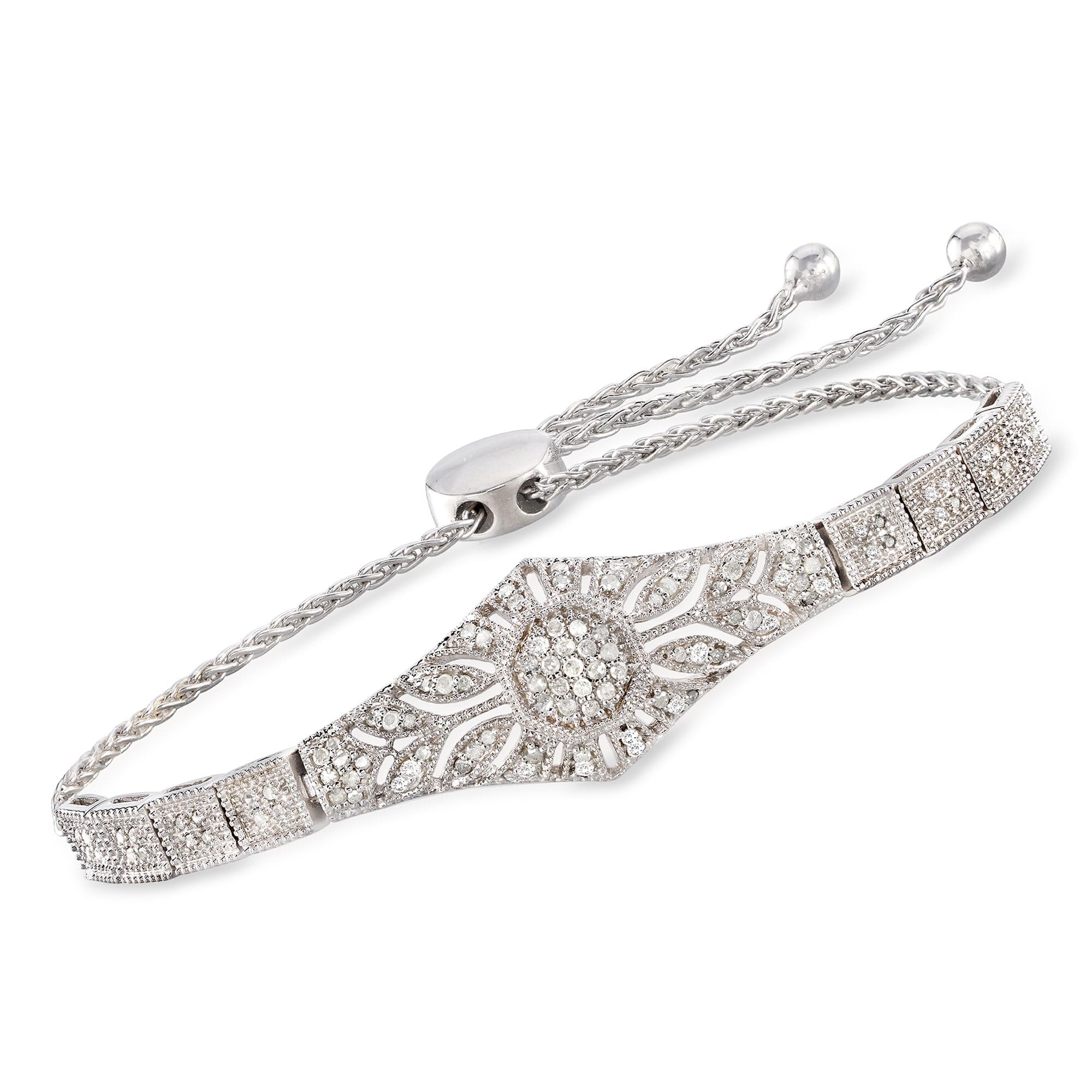 Ross-Simons 0.50 ct. t.w. Diamond Floral Openwork Bolo Bracelet in Sterling Silver: Ross-Simons 0.50 ct. t.w. Diamond Floral Openwork Bolo Bracelet in Sterling Silver