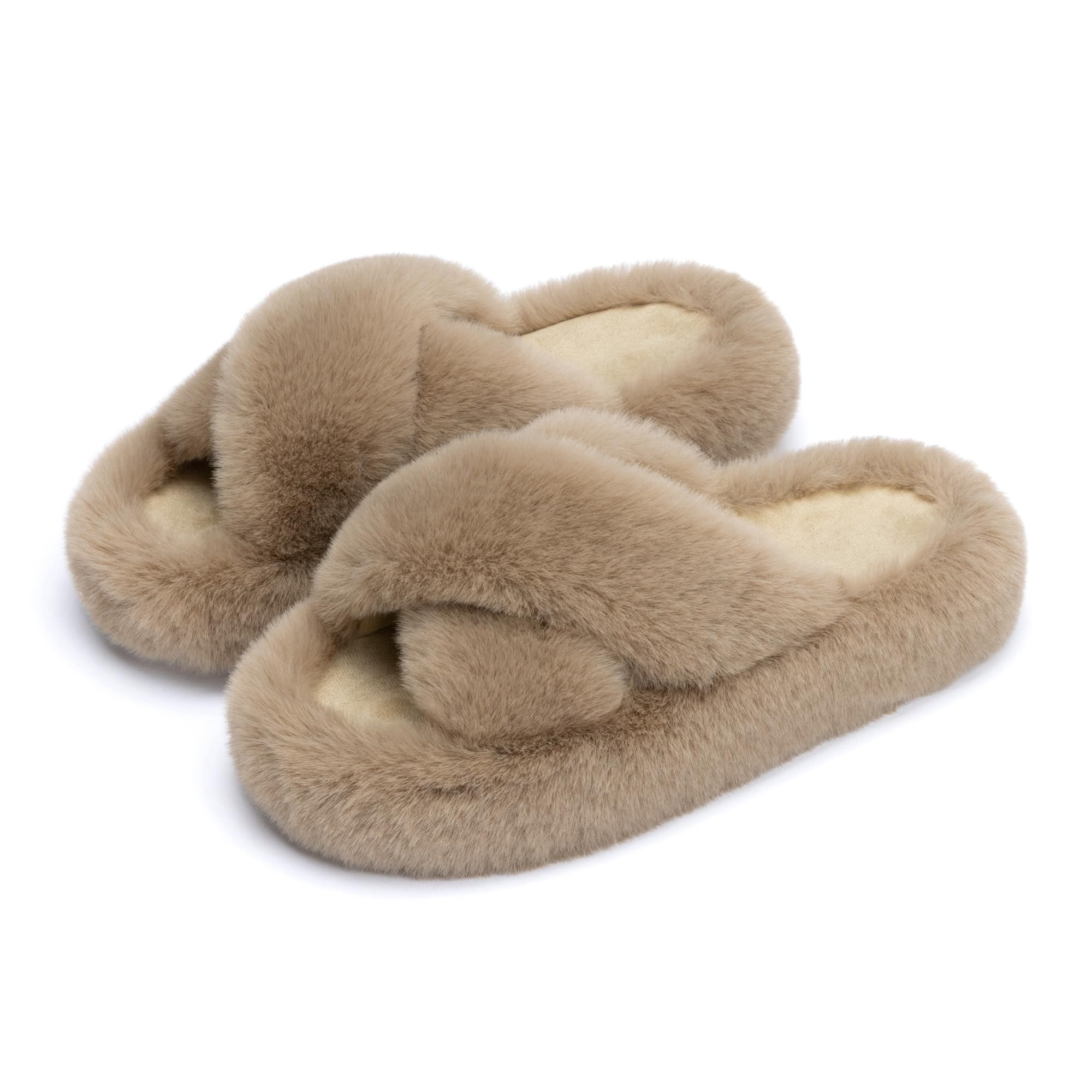 Chantomoo Women's Slippers Memory Foam House Bedroom Slippers for Women Fuzzy Plush Comfy Faux Fur Lined Slide Shoes Anti-Skid Sole Trendy Gift Slippers: 7-8 Light Brown Cross