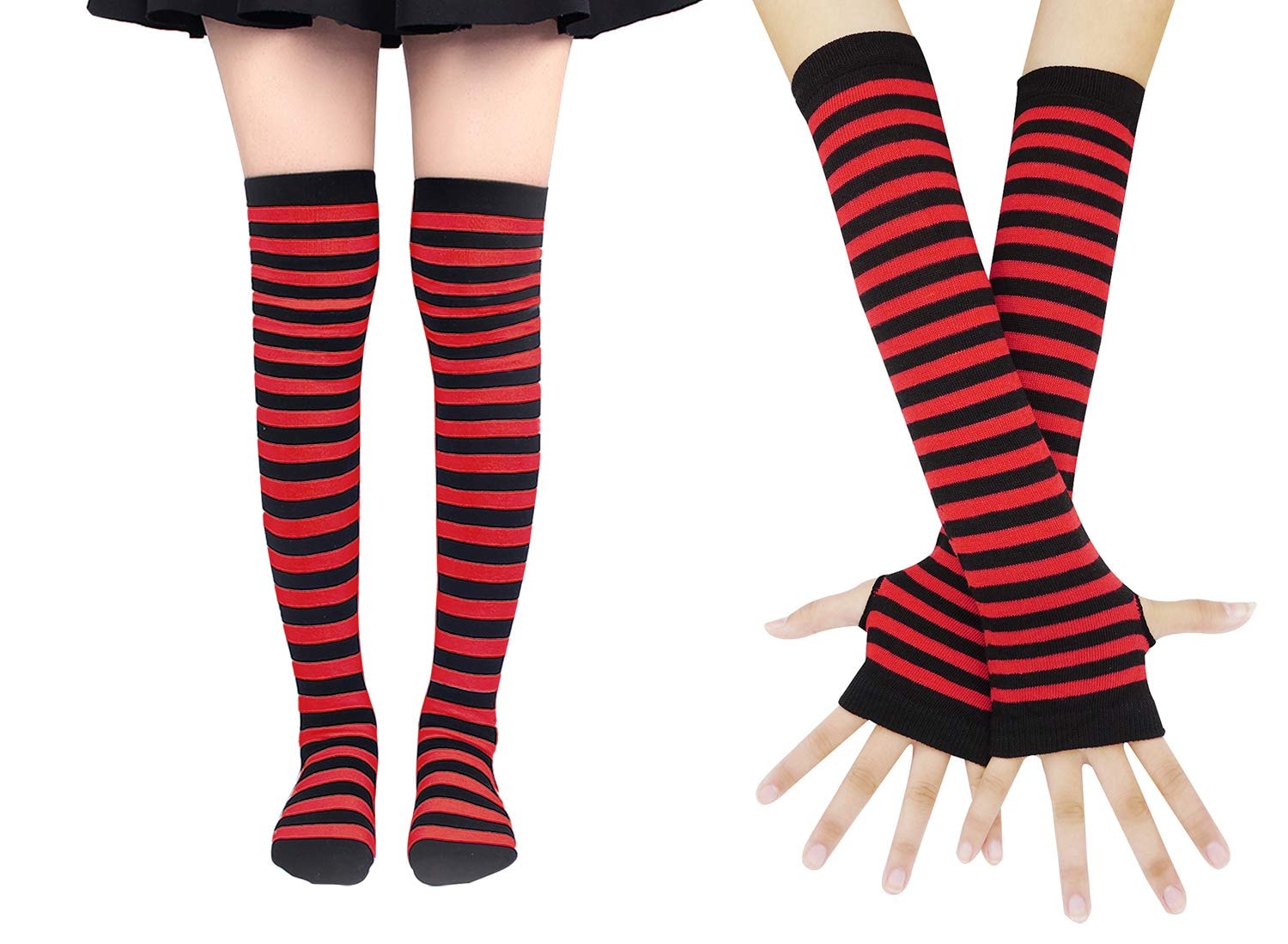 Bienvenu Womens Socks Striped Knee High Socks Arm Warmer Fingerless Gloves Set - Image 1