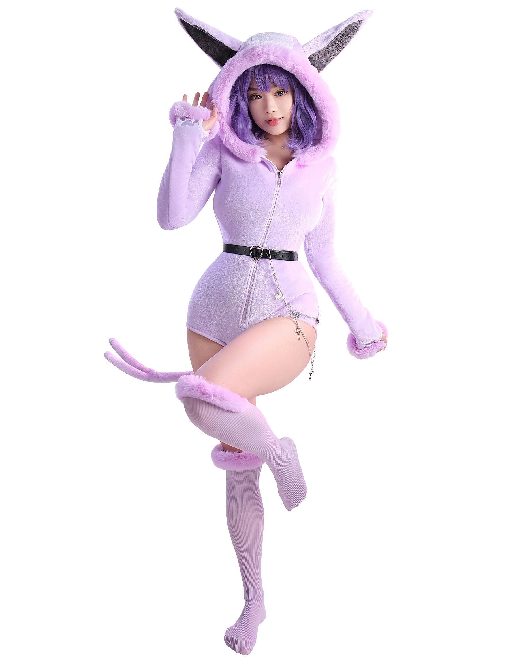 Anime Derivative Romper Onesie Pajamas Bodysuit with Tail Belt and Socks Fluffy Bodycon Hooded Jumpsuit: Small Purple